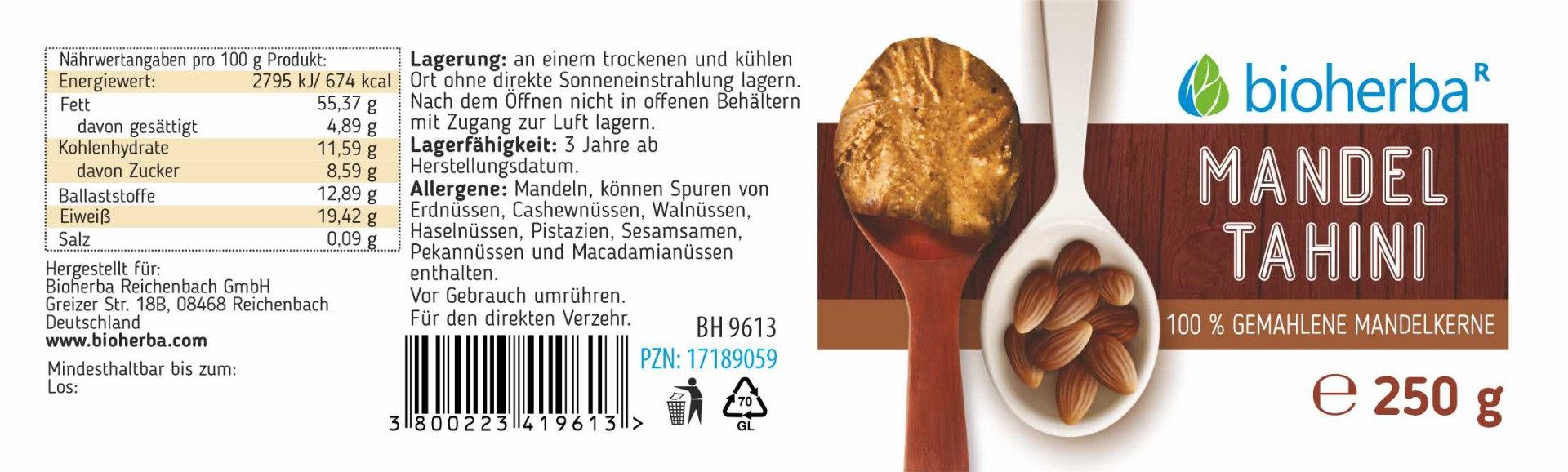 BIOHERBA R Mandel Tahini 100 % gemahlene Mandelkerne 250 g Glas