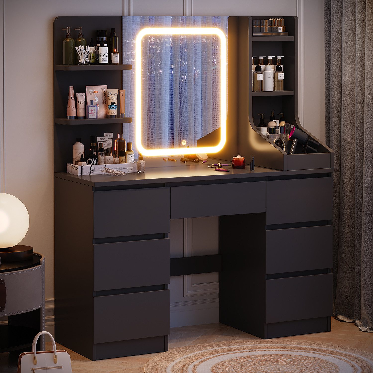 HOMALL Schminktisch Schminktisch mit Spiegel und LED Mit 7 Schubladen und 8 günstig online kaufen