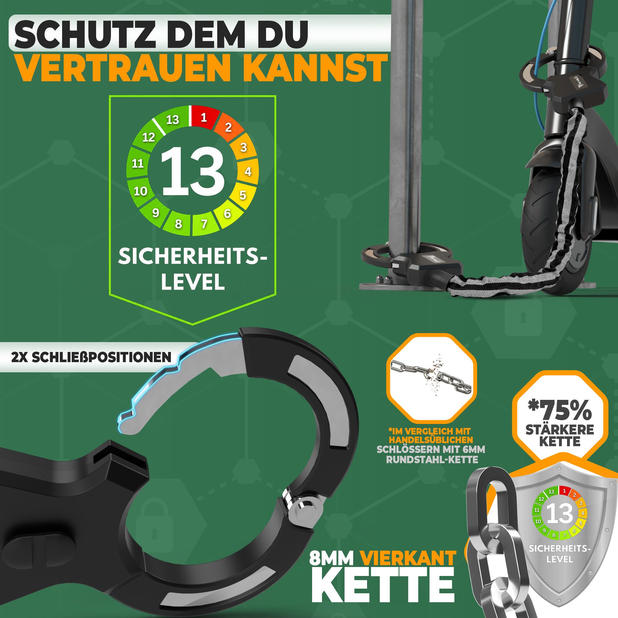 MIVELO Kettenschloss MIVELO HANDSCHELLENSCHLOSS für E-Scooter und Fahrrad 90cm, 8 mm Vierkant Stahlkette