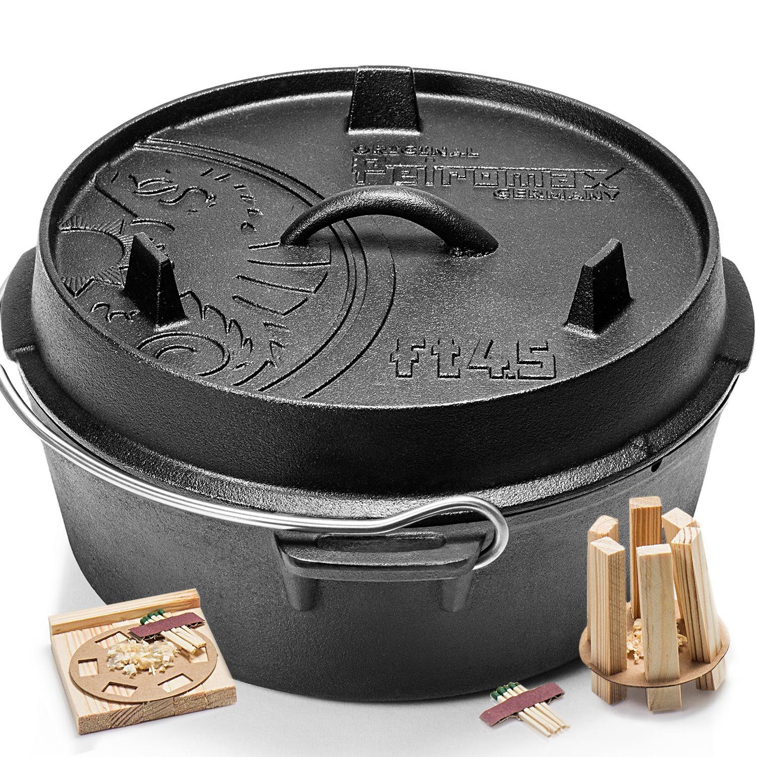 Petromax Schmortopf Feuertopf ft4,5 mit Deckel ohne Füße Dutch Oven, Gusseisen (Spar-Set, 3-tlg., für 2-5 Personen geeignet), Deckel mit Henkel, als Pfanne nutzbar, Topf induktionsfähig