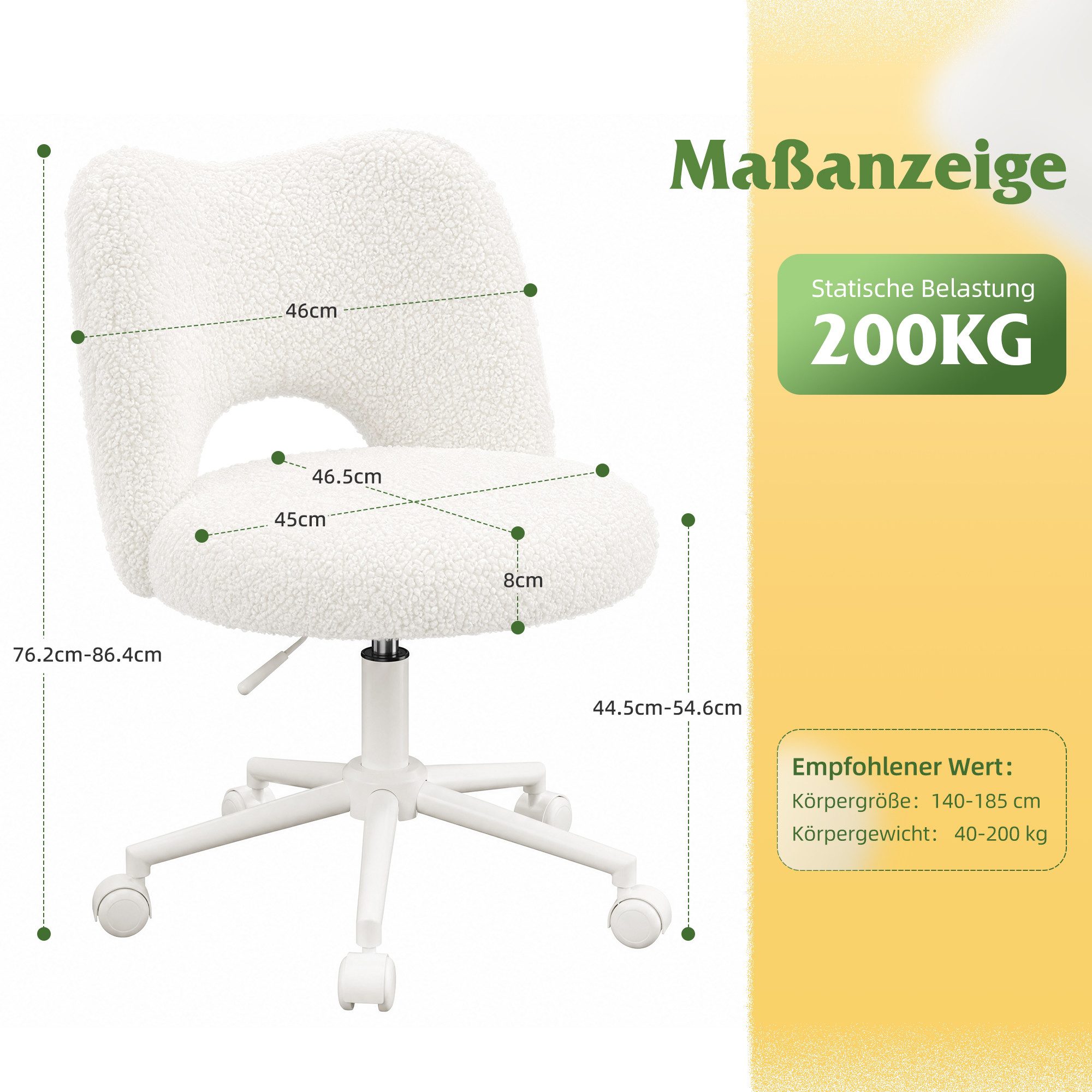 Klyvvo Drehstuhl mit Rollen, Atmungsaktive Kuschelige Teddyfell Schminkstuhl (1 St), höhenverstellbar, für Homeoffice, Büro, Zimmer