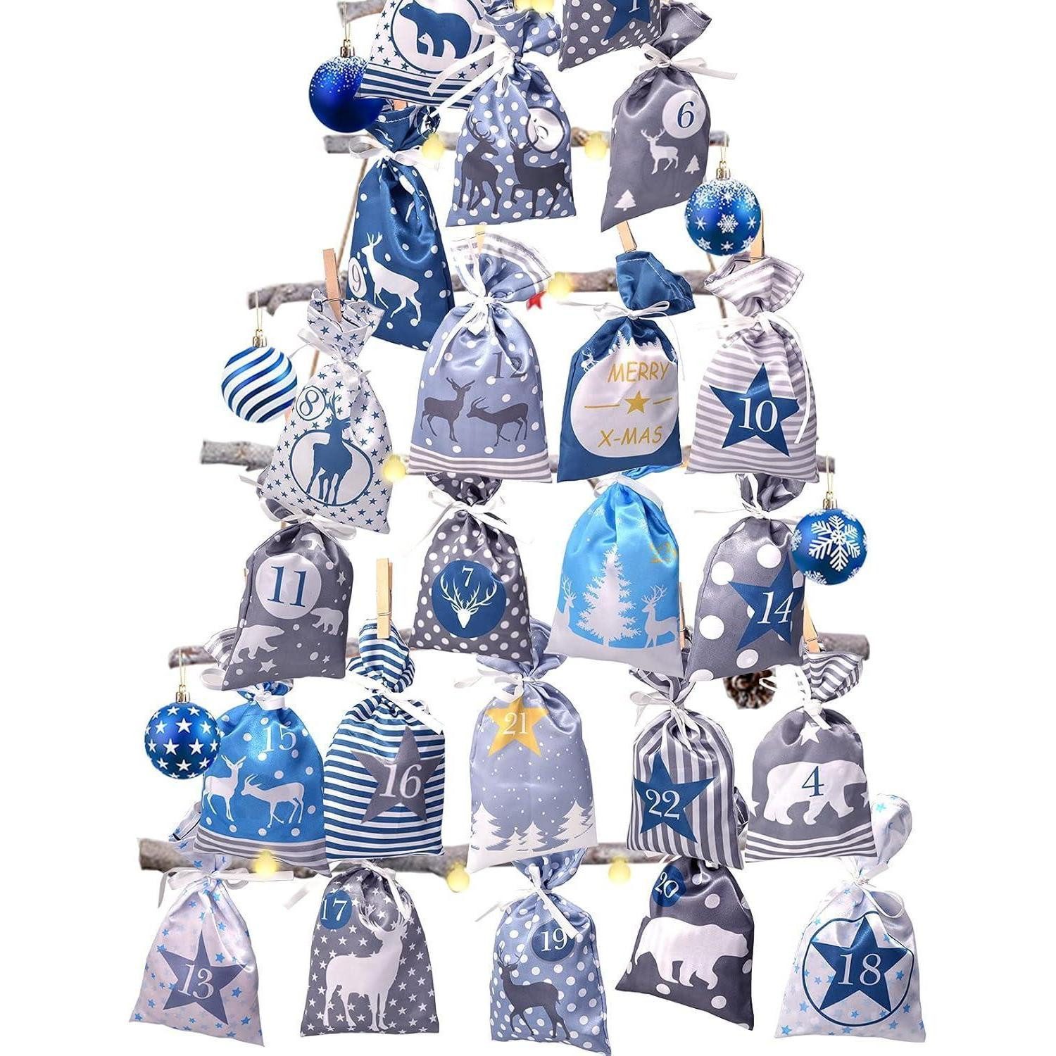 LuxusKollektion DIY-Adventskalender Adventskalender DIY-Set Blau Grau 24 Stoffbeutel zum Befüllen