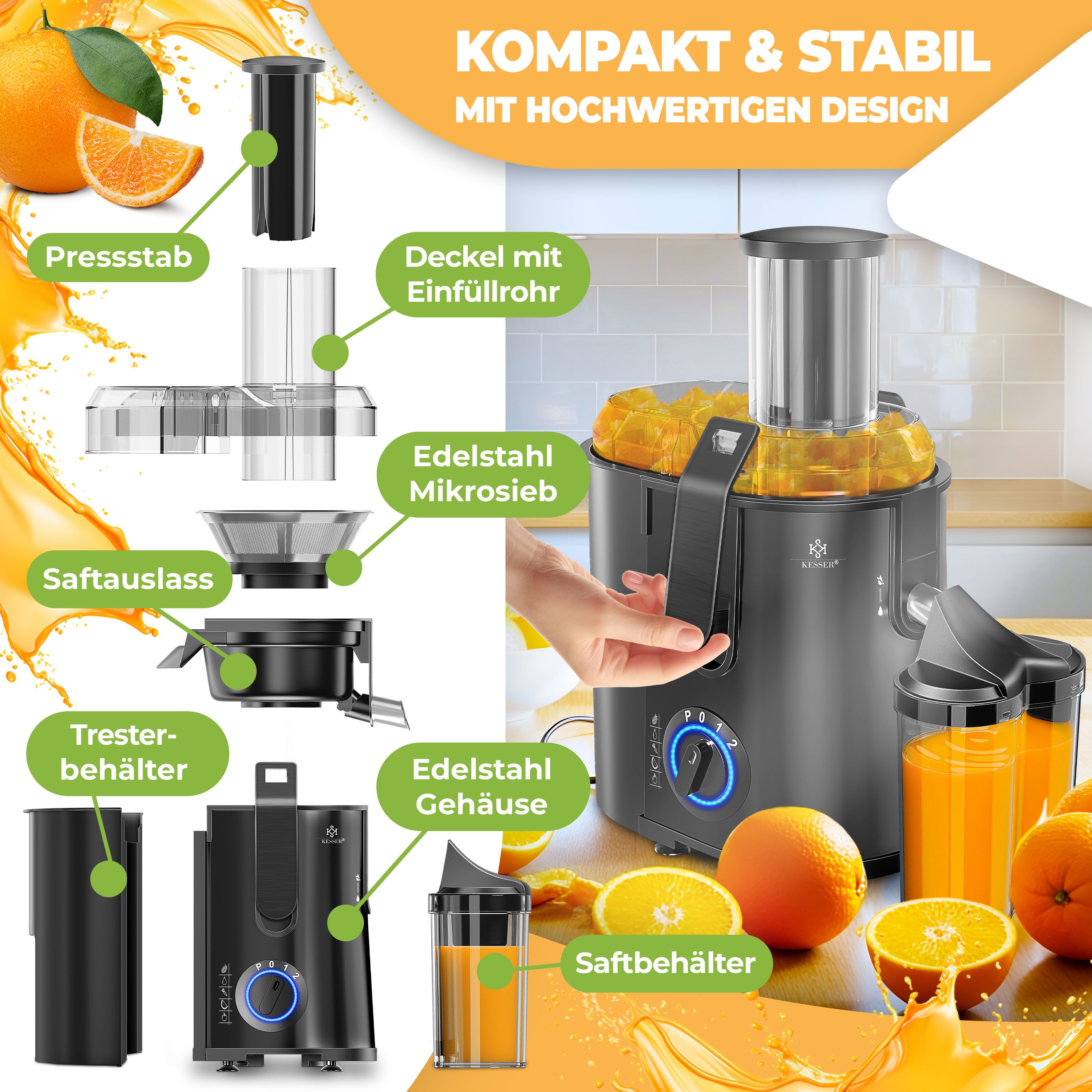 KESSER Entsafter, 1100 W, Entsafter für Obst und Gemüse aus Edelstahl 1100W