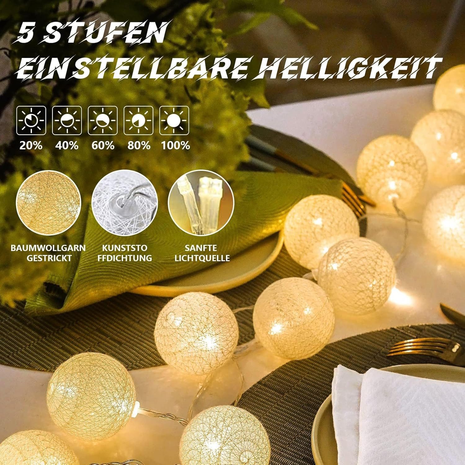 Vivitar LED-Lichternetz Dimmbares Wattebausch-Licht mit Fernbedienung – USB + Batteriefach, 8 Lichtmodi, 5 Helligkeitsstufen, ideal für Weihnachten