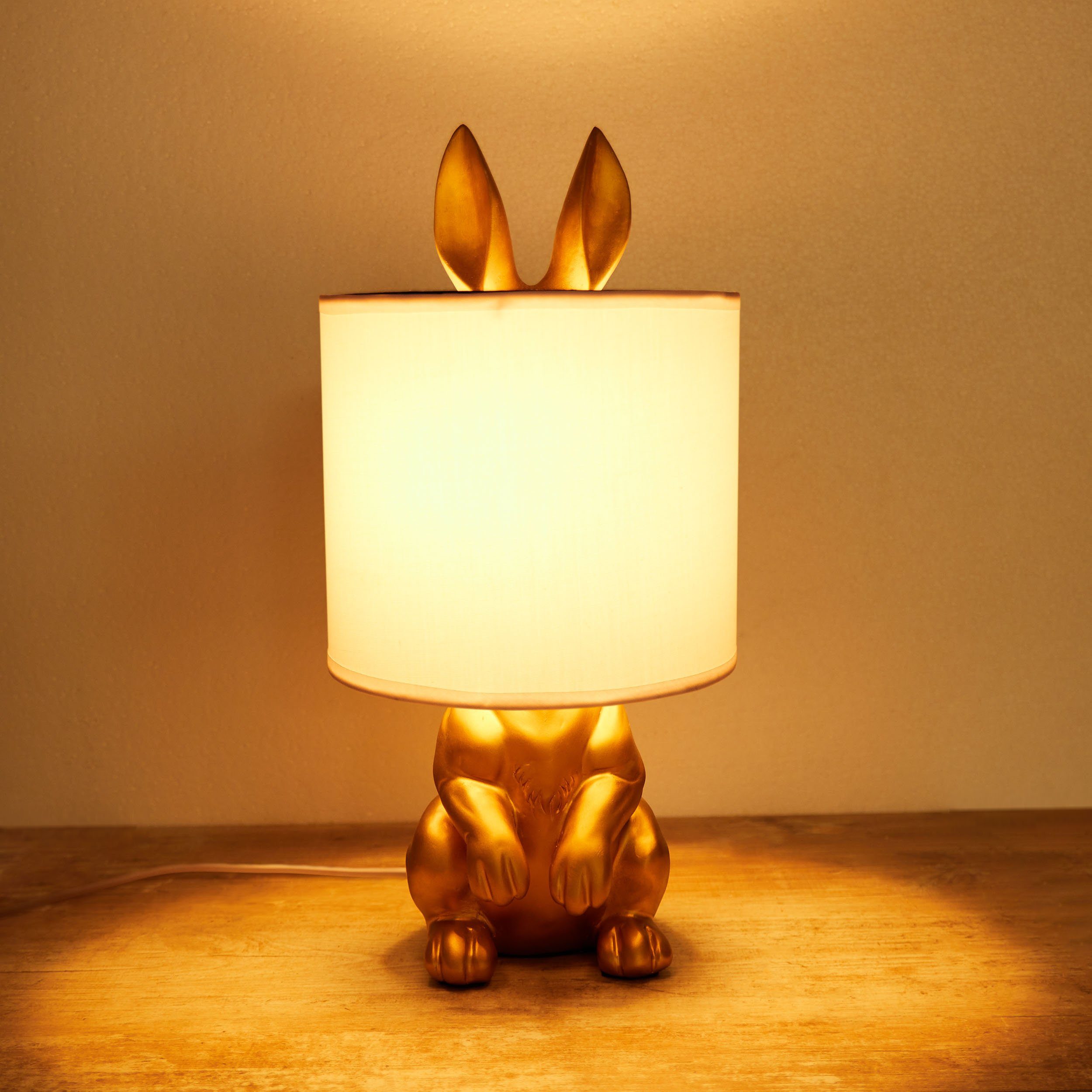 Silber Motiv - cm Lampenschirm, 42 Nachttischlampe Gold, BRUBAKER Gold Leuchtmittel, mit mit Schirm: Tischlampe oder Keramikfuß, Tischleuchte Höhe Weiß Hase Lampe ohne