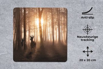 MuchoWow Mauspad Wald - Hirsche - Sonne - Bäume - Winter - Natur - Tiere (1-St), Gaming, Mousepad, Büro, 20x20 cm, Mausunterlage