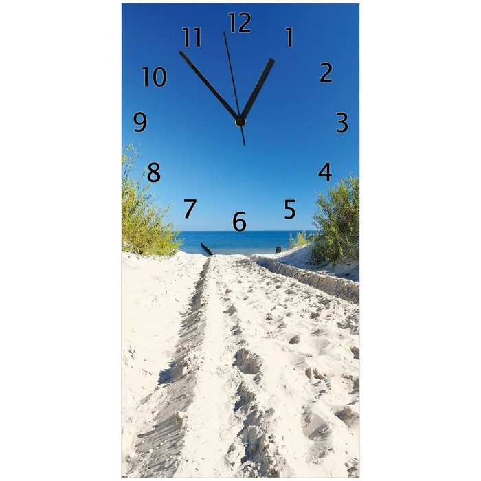 Wallario Wanduhr Uhr aus Acryl - Motiv: Auf dem Sandweg zum Strand - Blauer Himmel über dem Meer (lautloses Uhrwerk)