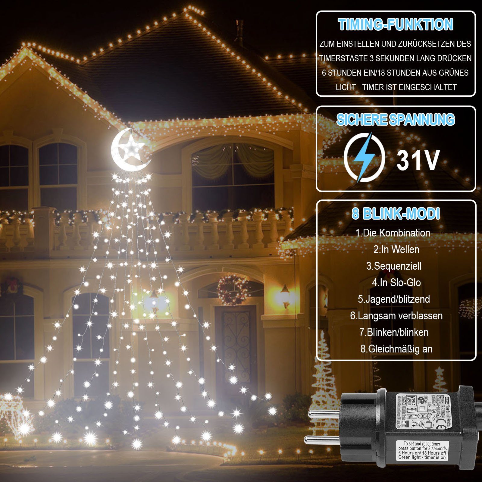 Memory & IP44 LED-Lichtervorhang Lichterkette, und Timer Lichterkette,31V,350LED Modi Wasserdicht MUPOO LED-Lichtervorhang,Party Weiß Funktion,8