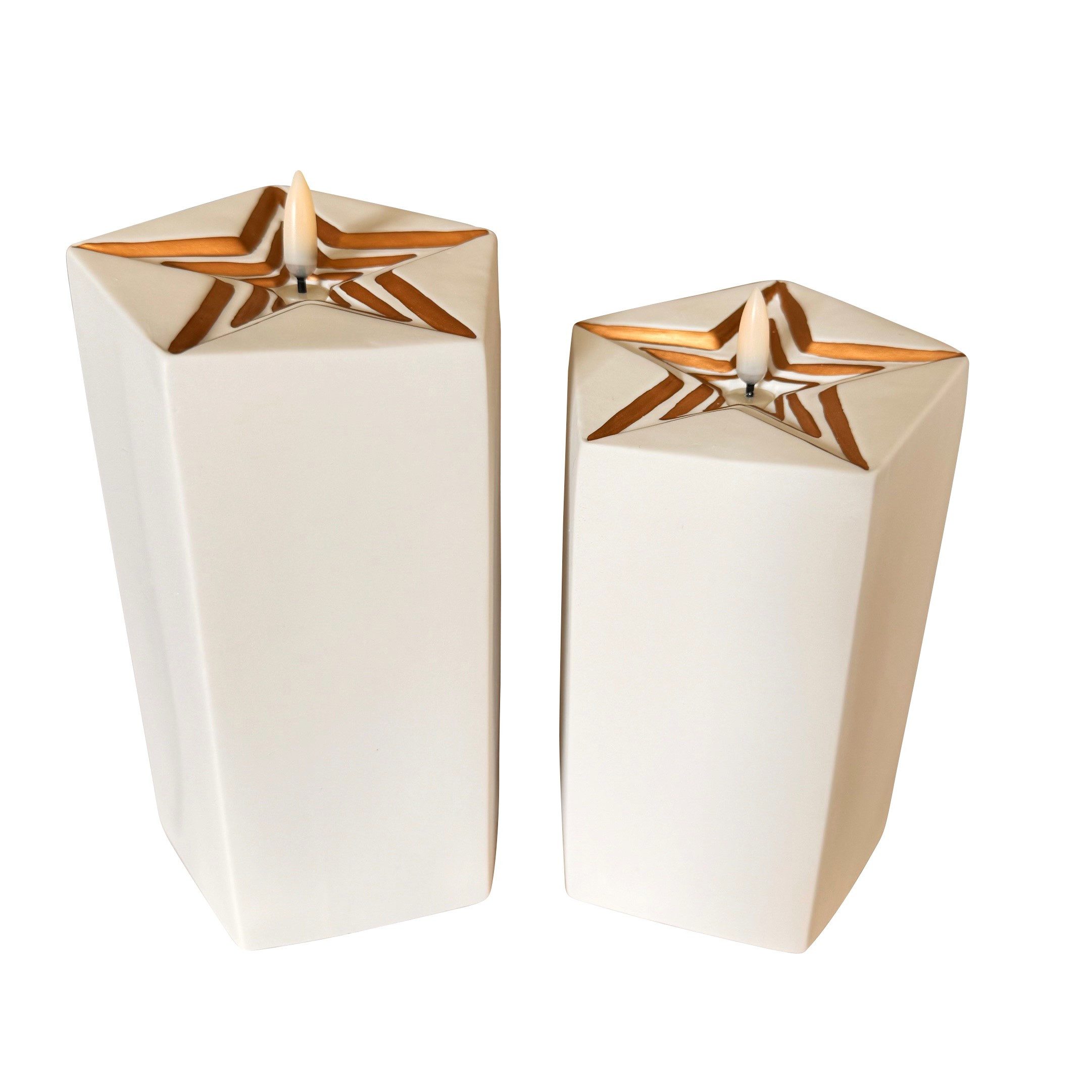 Online-Fuchs LED-Kerze 2er Set Kerzen aus Keramik in Sternform mit Timer (Silber und Roségold, 15 und 18 cm groß), Dekoration für Weihnachten - 6-Stunden Timerfunktion