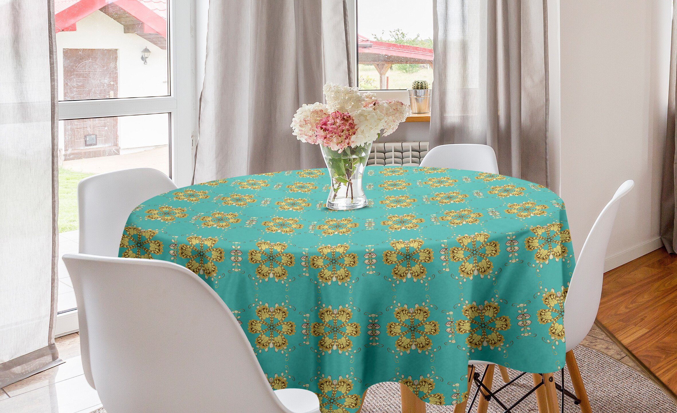 Dekoration, Geometric Abakuhaus Abdeckung Tile Damast Küche für Esszimmer Tischdecke Gelbes Tischdecke Kreis