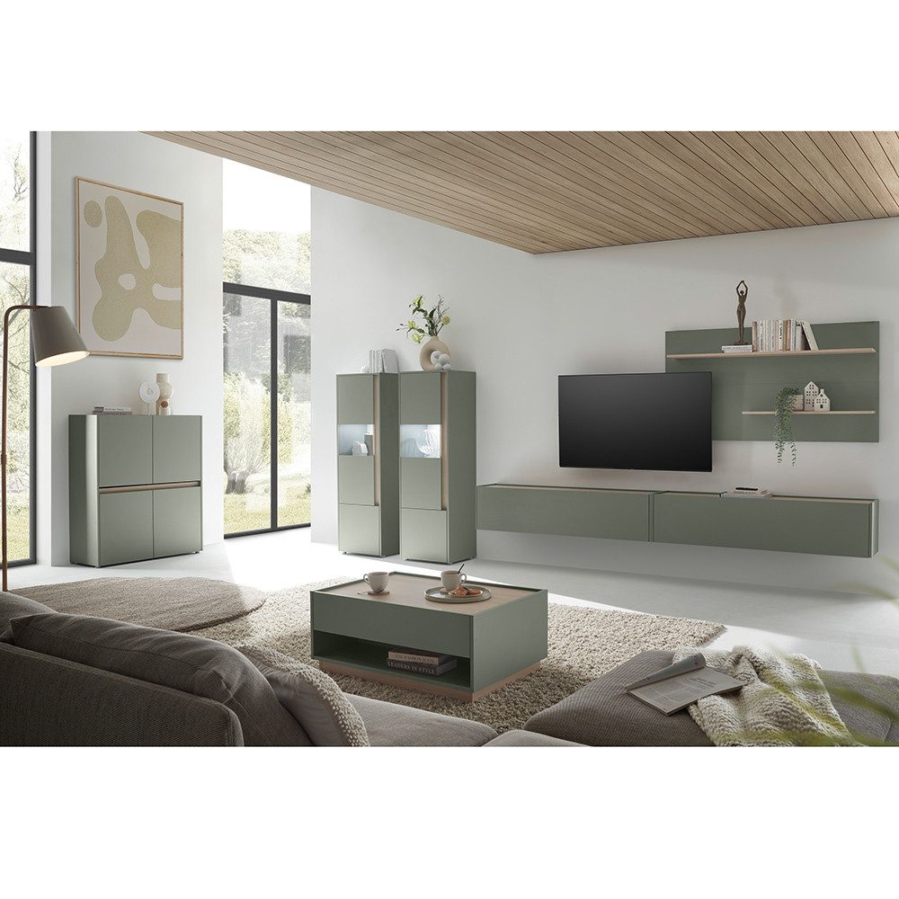 Lomadox Highboard CRISP-61, 122 cm, grün mit Eiche Nb., 4 Türen