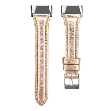 Wigento Smartwatch-Armband Für Fitbit Charge 6 / 5 Leder Watch Armband Frauen Größe S Rose Gold