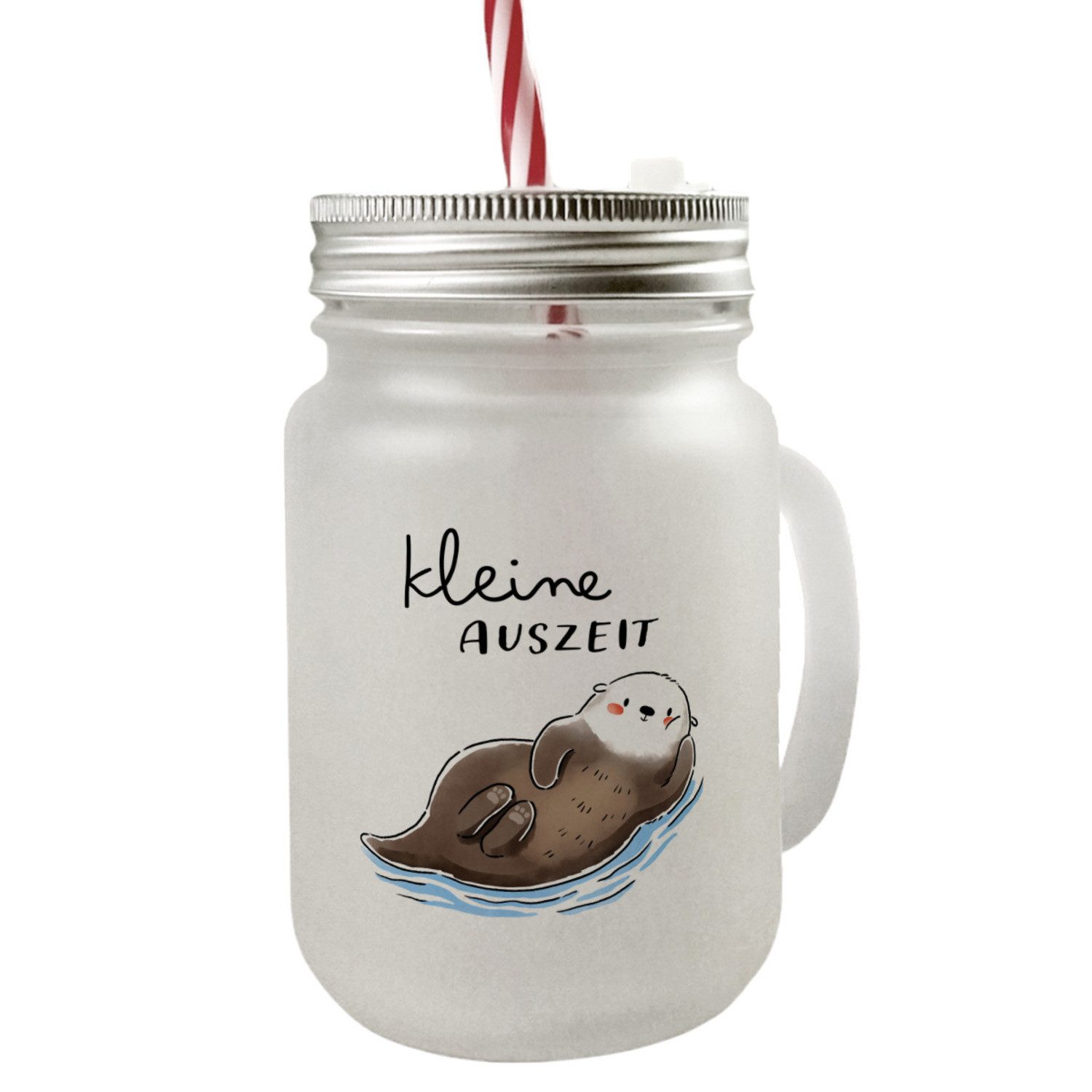 Glas Otter Mason Jar Henkel Trinkglas mit Deckel mit Spruch Kleine Auszeit