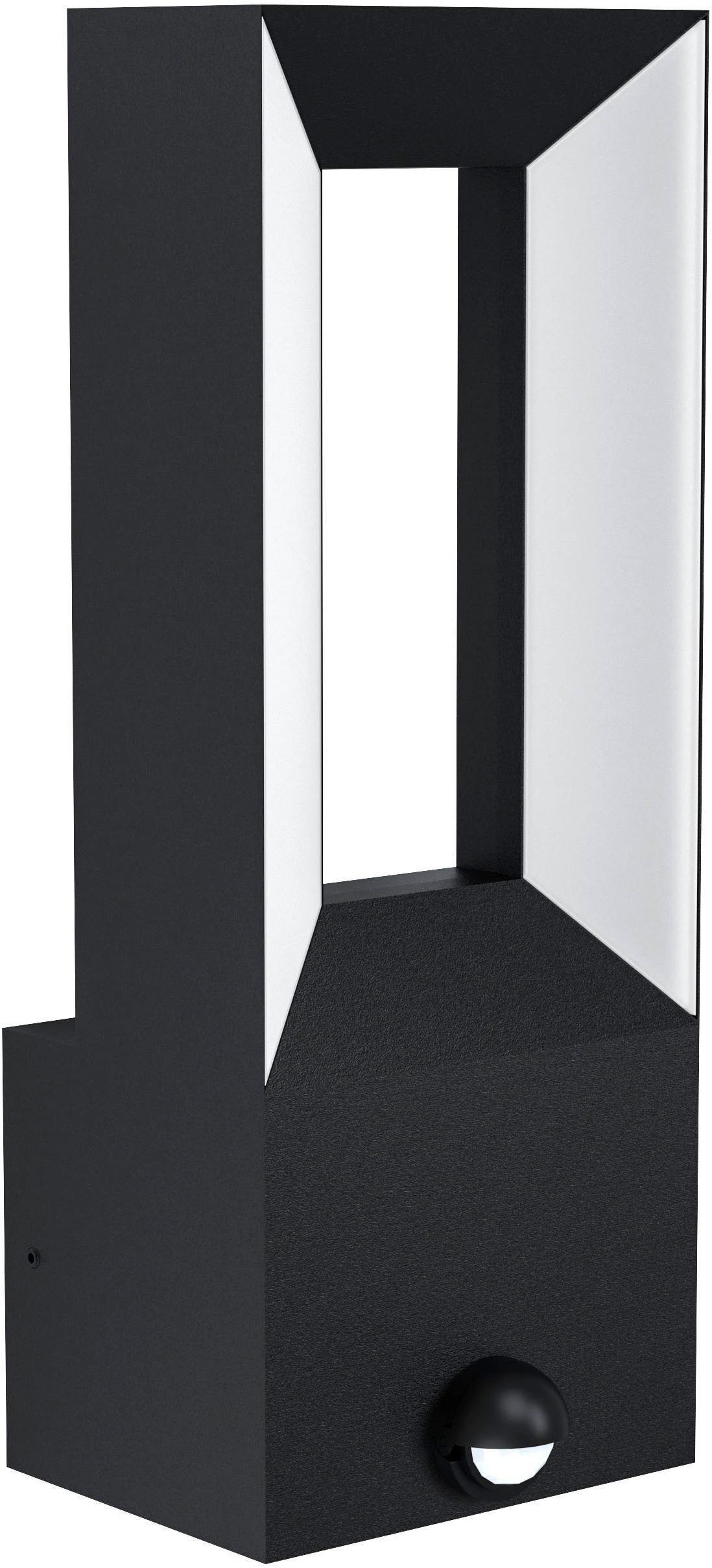 EGLO Wandleuchte Riforano Wandlampe, Aluminum-Guss und Kunststoff, IP44, Außenleuchte, Bewegungsmelder, LED fest integriert, Warmweiß, Wand-/Deckenleuchte - L11 x H29 x AL9,5 cm - schwarz - 2X5W inkl.