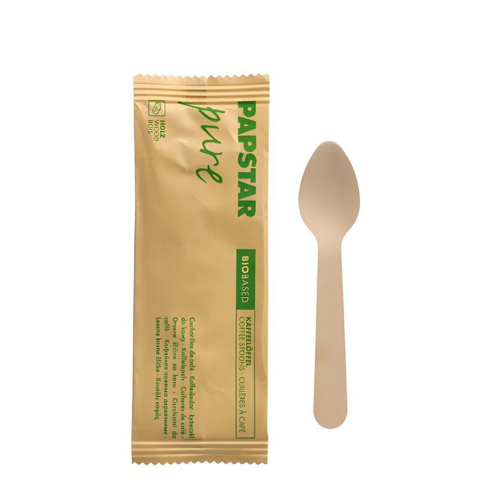 PAPSTAR Einweglöffel 500 x Kaffeelöffel, Holz pure 11 cm einzeln verpackt in Papierbeutel