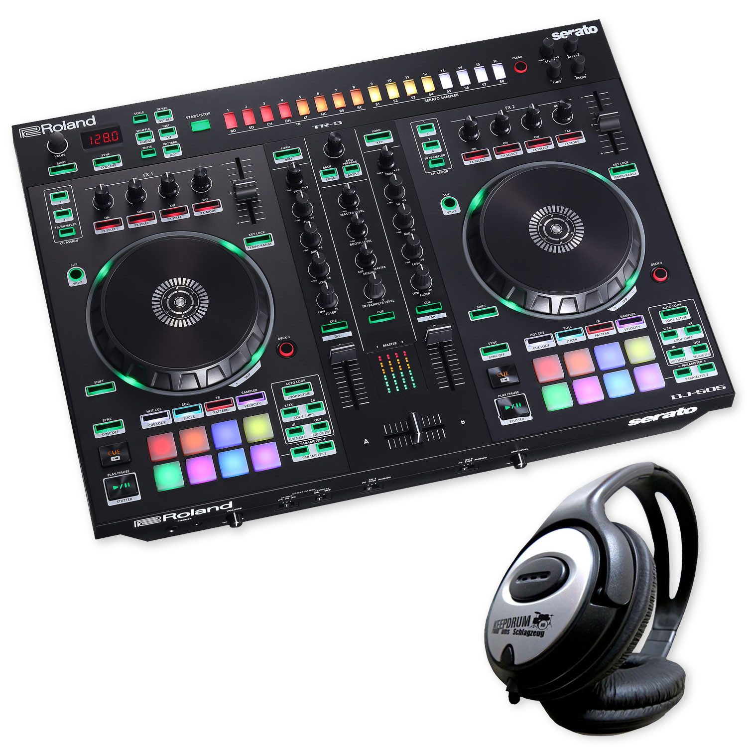 Roland Audio DJ Controller Roland DJ Controller DJ-505 2-Kanal 4-Deck DJ-Pult mit Kopfhörer, (digital, 1-tlg), Vorteils-Set mit Kopfhörer