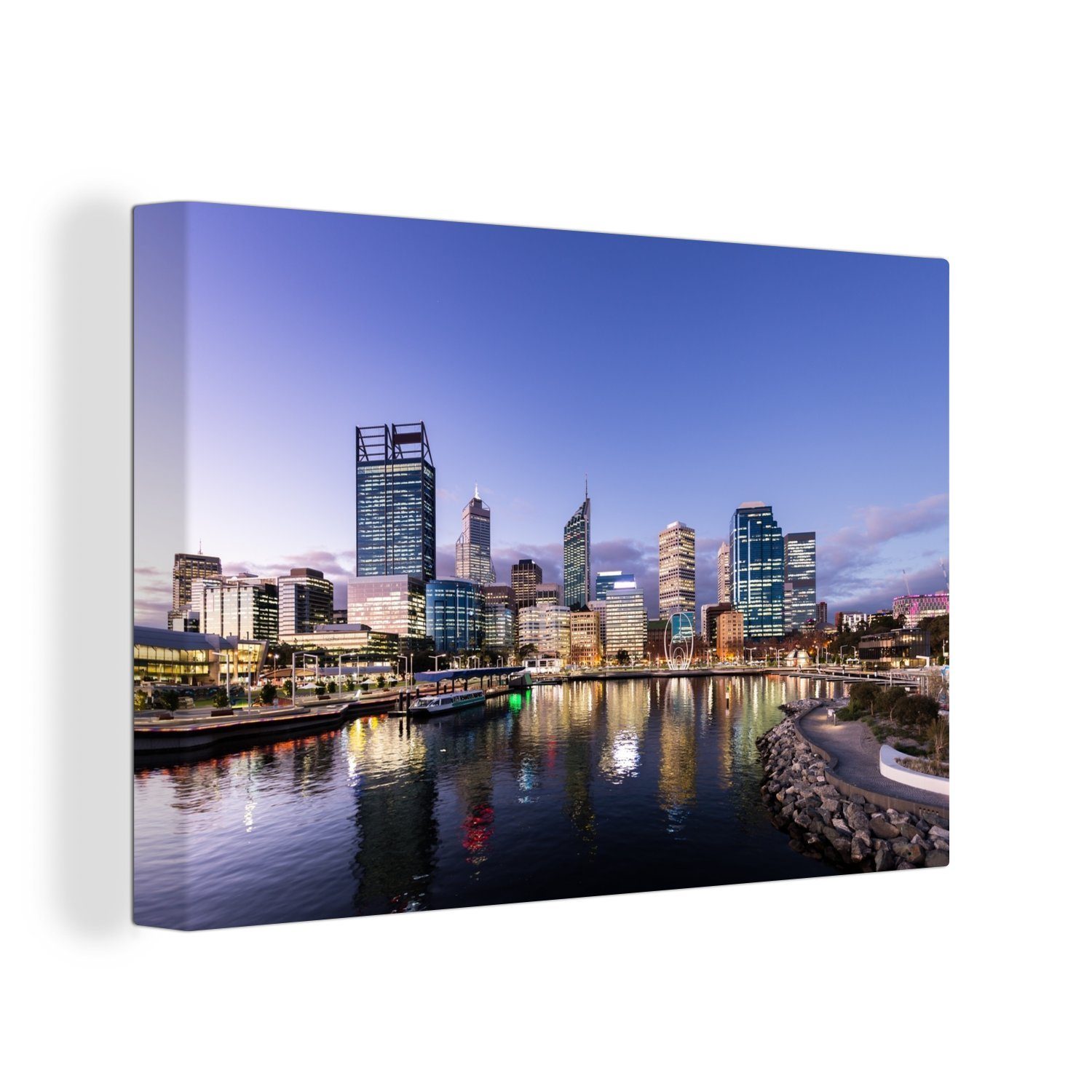 OneMillionCanvasses® Leinwandbild Die großen, beleuchteten Gebäude entlang des Swan River in Perth, (1 St), Wandbild Leinwandbilder, Aufhängefertig, Wanddeko, 30x20 cm