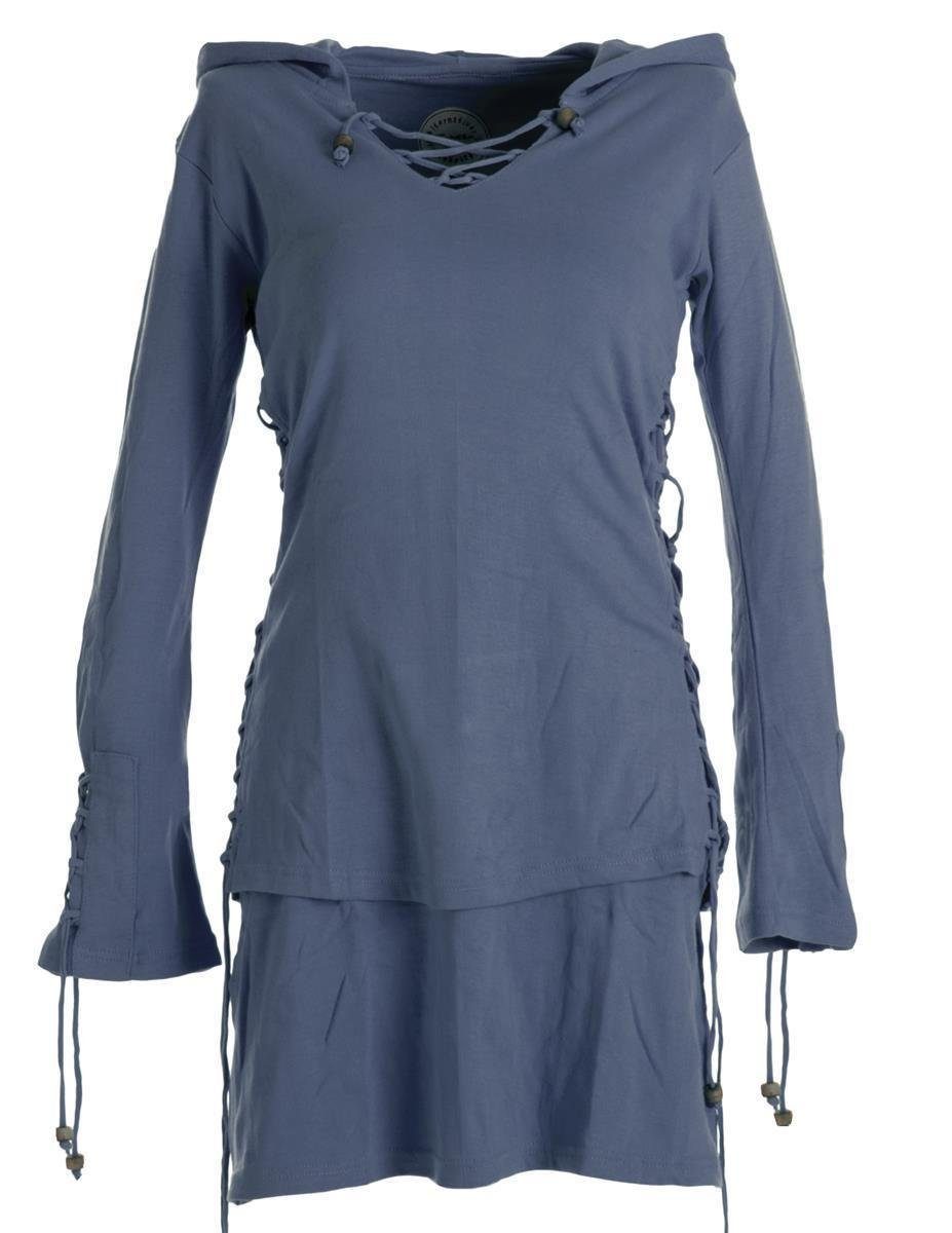 Vishes Zipfelkleid Warmes Doppellagiges Kleid mit Zipfelkapuze und Bändern zum Schnüren Boho, Elfen, Ethno, Goa Style grau