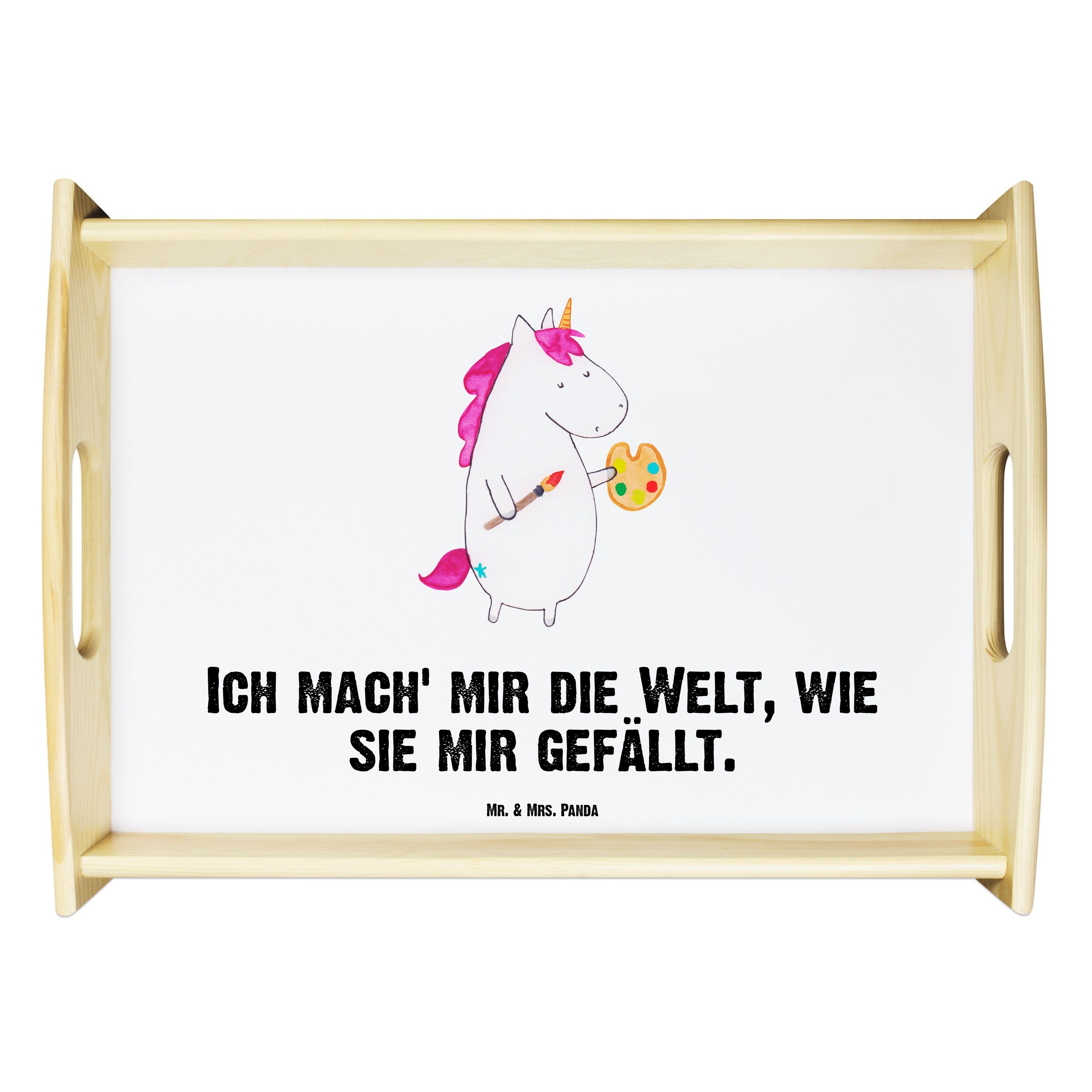 Mr. & Mrs. Panda Tablett Einhorn Künstler - Weiß - Geschenk, Dekotablett, Unicorn, Holztablet, Echtholz lasiert, (1-tlg)