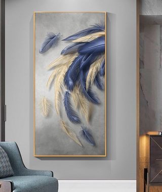 TPFLiving Kunstdruck (OHNE RAHMEN) Poster - Leinwand - Wandbild, Nordic Art - Blaue und goldene Federn - Bilder Wohnzimmer - (5 Motive in 4 verschiedenen Größen zur Auswahl), Farben: Blau, Gold - Größe: 40x80cm