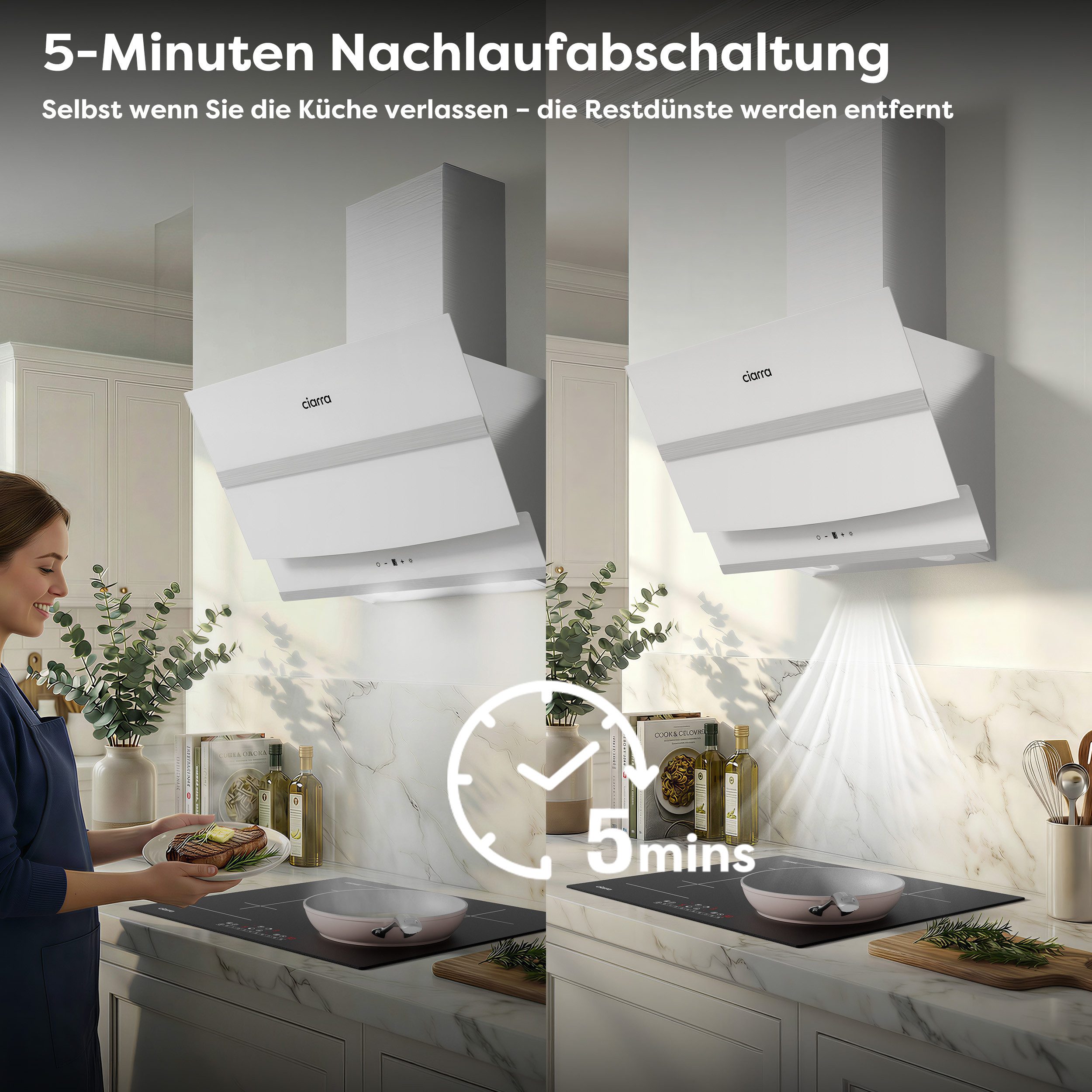 CIARRA Kopffreihaube 60cm Dunstabzugshaube 650 m³/h Touch Control spülmaschinengeeignet Serie CA6736NB CA6736NW 4 Sufen Inkl. BOOST Schräghaube Leise 5-Minuten- – Bild 5 von 5