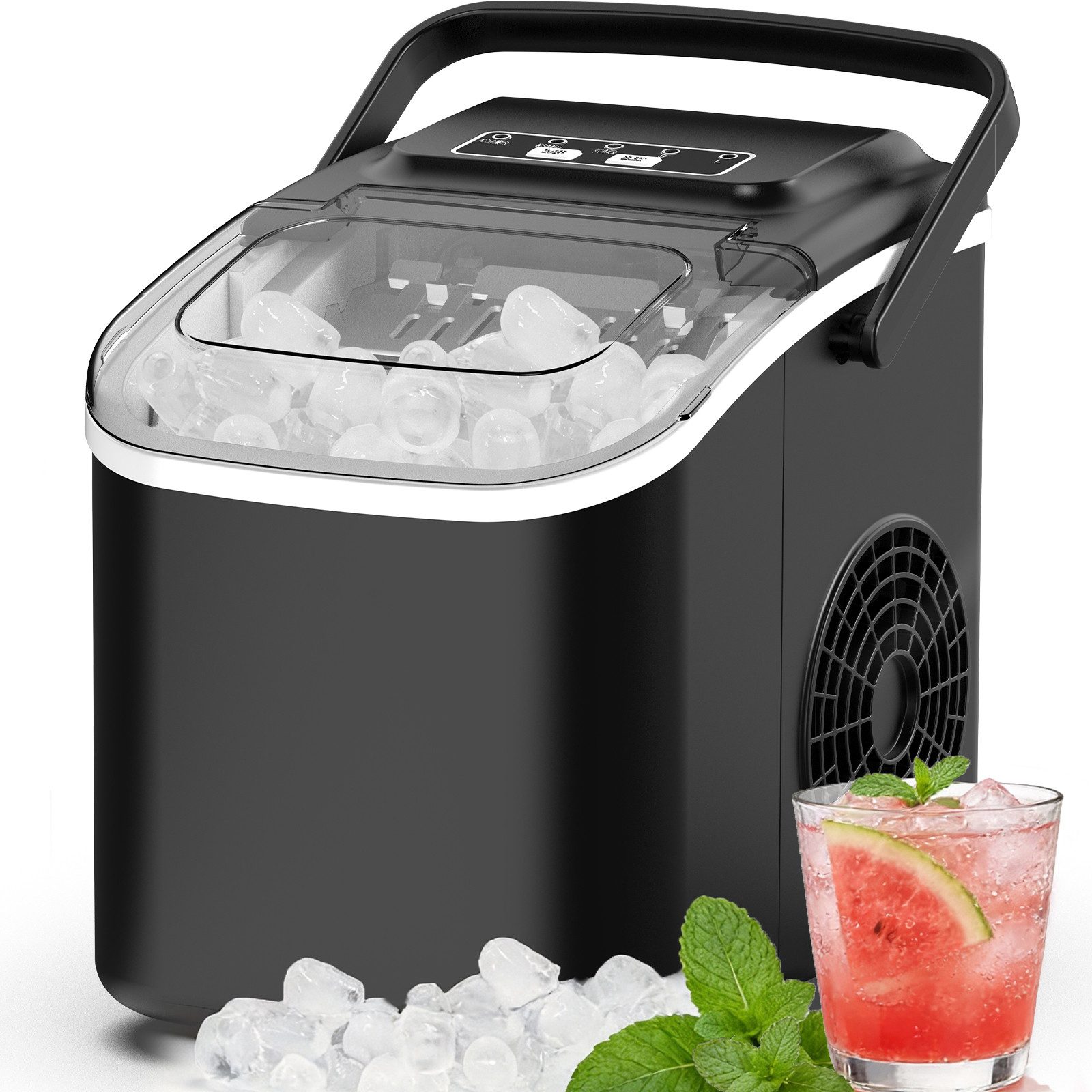 AIMAX Eiswürfelmaschine Eiswürfelbereiter für Zuhause & Büro – tragbar, leise, 2 Eisgrößen, Selbstreinigung, kompakt, Deckel transparent, 12 kg/24h