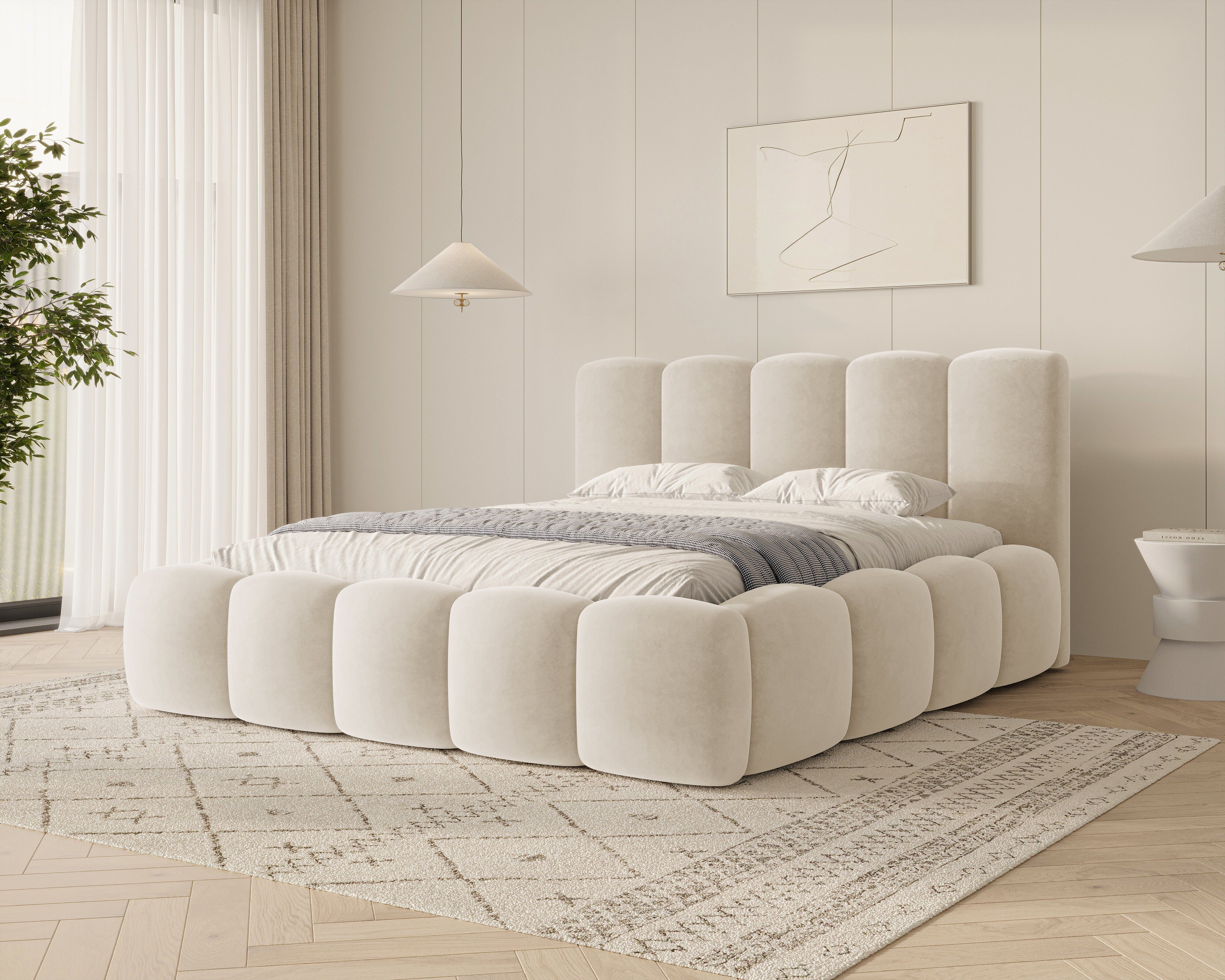 MOEBLO Polsterbett BUBBLE 18 (Polsterbett Bubble mit Bettkasten und Lattenrost aus Samt Velvet Velour Wolkenbett - Polsterbett 140), Maße (B x H x T): 163/183/203 x 100 x 220 cm