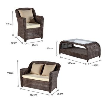 wuuhoo Loungeset Lounge Set 4-teilig Lindsay in braun I Design, (4-tlg), Sitzgruppe für Garten und Terrasse incl. Sitzkissen I Aluminiumgestell Glastisch I Wetterfest für Innen und Außen