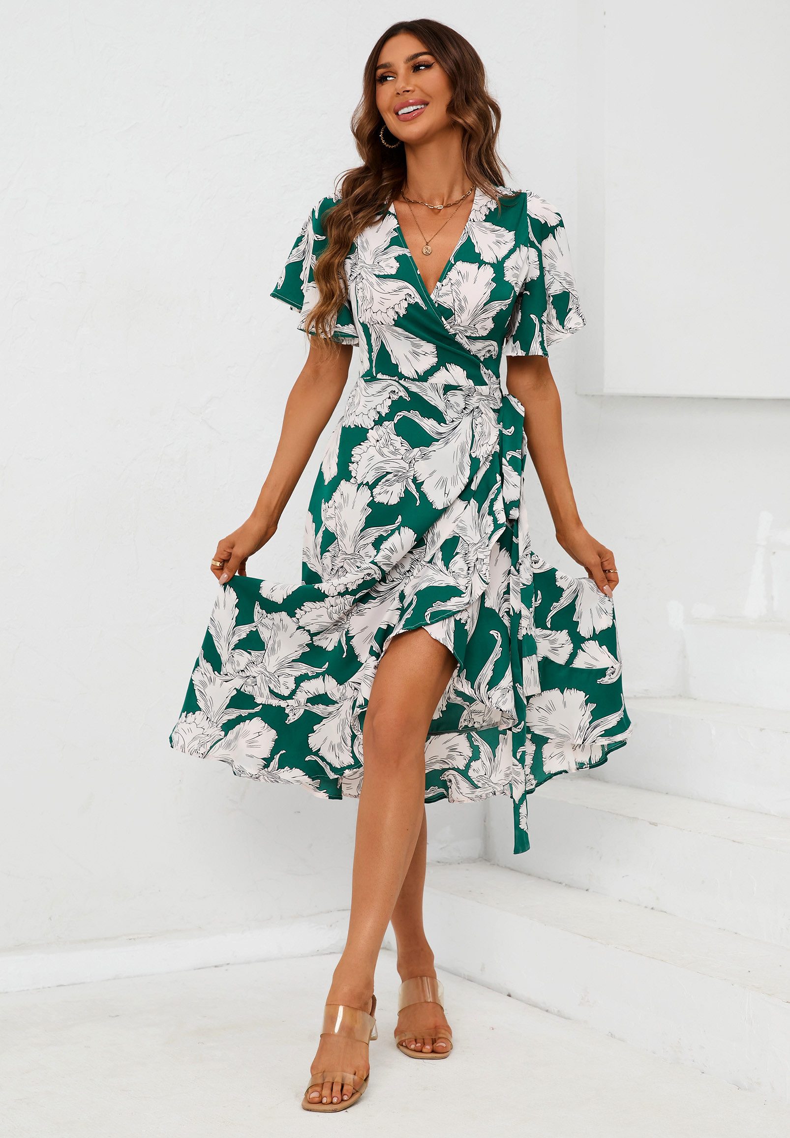 FS Collection Wickelkleid Midikleid Damen mit Engelsärmeln V-Ausschnitt Sommer Blumenkleid (XS (EU:36 / UK:8) · S (EU:38 / UK:10) · M (EU:40 / UK:12) · L (EU:42 / UK:14) · XL (EU:44 / UK:16), 4 Farben : Weiß/Gelb, Grün/Weiß, Schwarz/Weiß und Türkis/Pink) Wickelkleid mit Blumenmuster und Bindegürtel