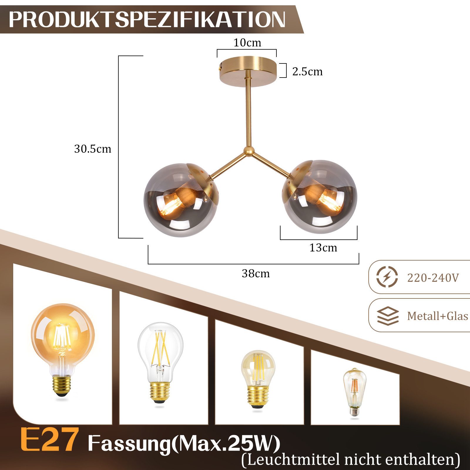 Nettlife Deckenleuchte Glas Schwarz Vintage 3/5 flammig E27 Industrial Flurlampe, LED wechselbar, Deckenlampe für Wohnzimmer Schlafzimmer