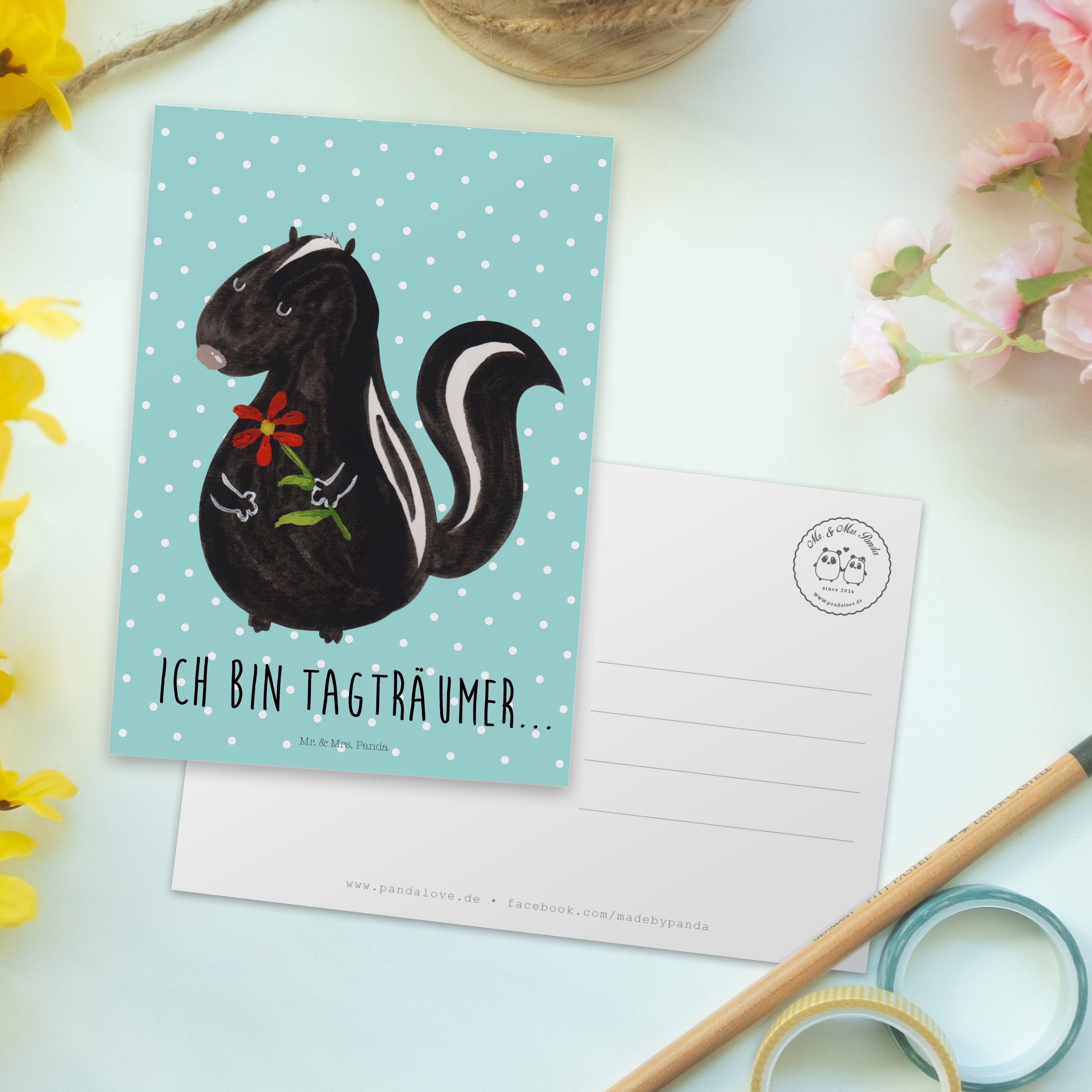Mr. & Mrs. Panda Postkarte Blume - Geschenk, Türkis Stinker, Pastell Einladung, - Stinktier Gesc