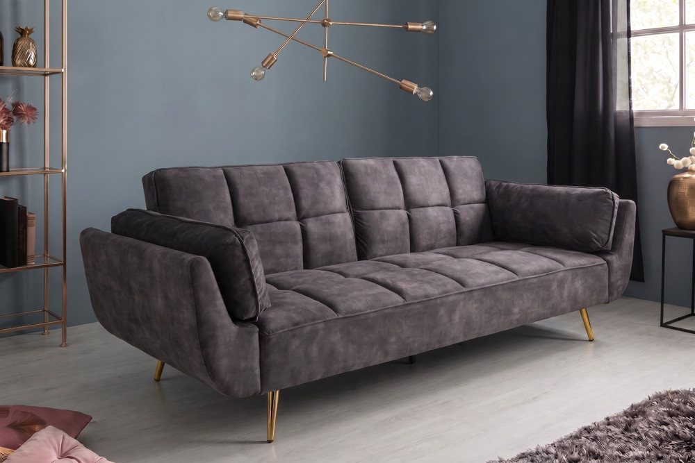 riess-ambiente Schlafsofa BOUTIQUE 215cm dunkelgrau/gold - Samt, Bettfunktion, 3-Sitzer, Einzelartikel 1 Teile, Nosagfederung und goldene Füße – ideal für Wohnzimmer & Gästezimmer