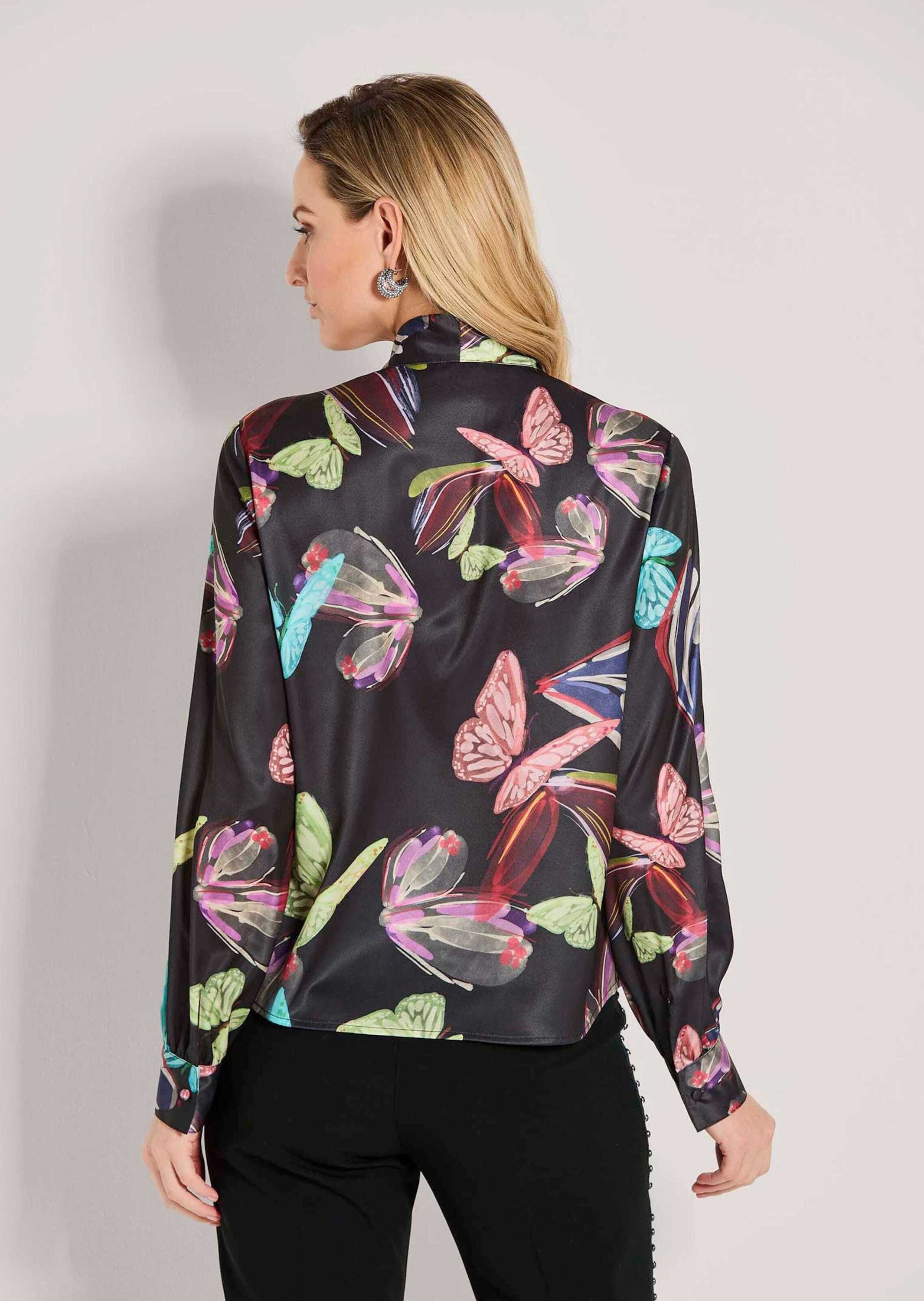 MADELEINE Langarmbluse Farbenfrohe Dschungel-Print Bluse Stehkragen mit Schluppe und lange Manschettenärmel