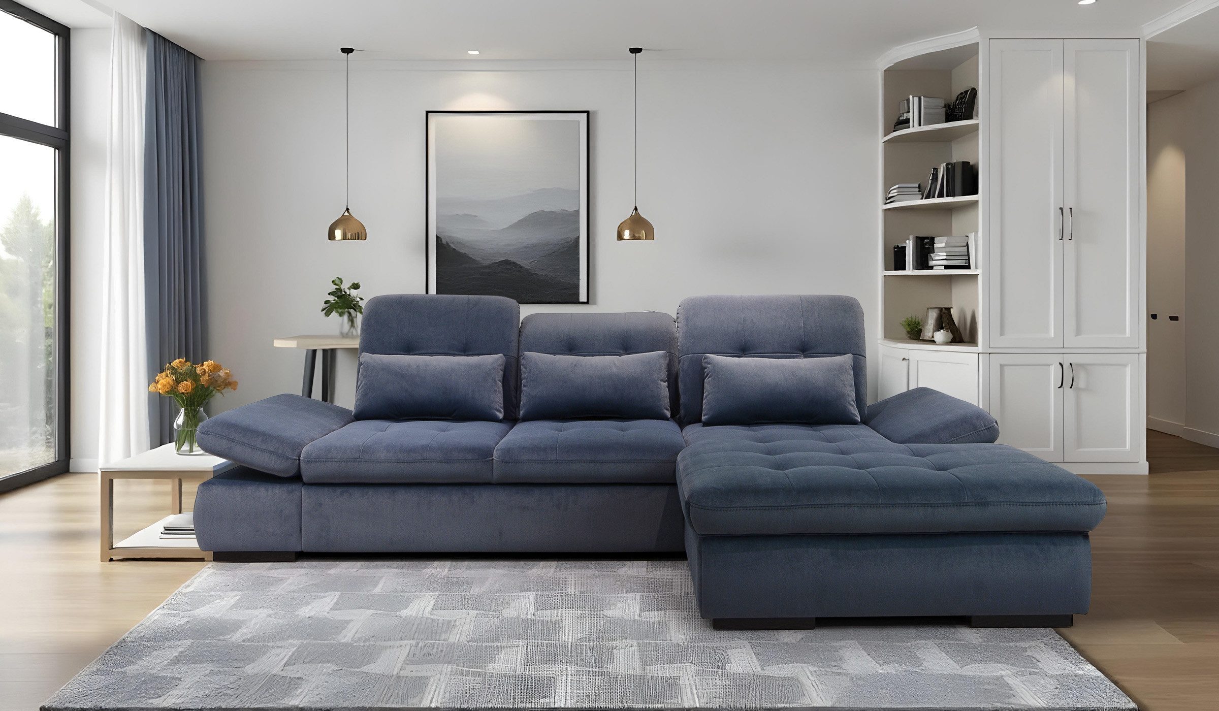 Hygger Möbelhaus Ecksofa Oregon L-Form, Sitztiefenverstellung, Arm- und Kopfteilverstellung, Wahlweise mit Bettfunktion und Bettkasten, Inklusive 3 Nierenkissen, Hergestellt in Europa