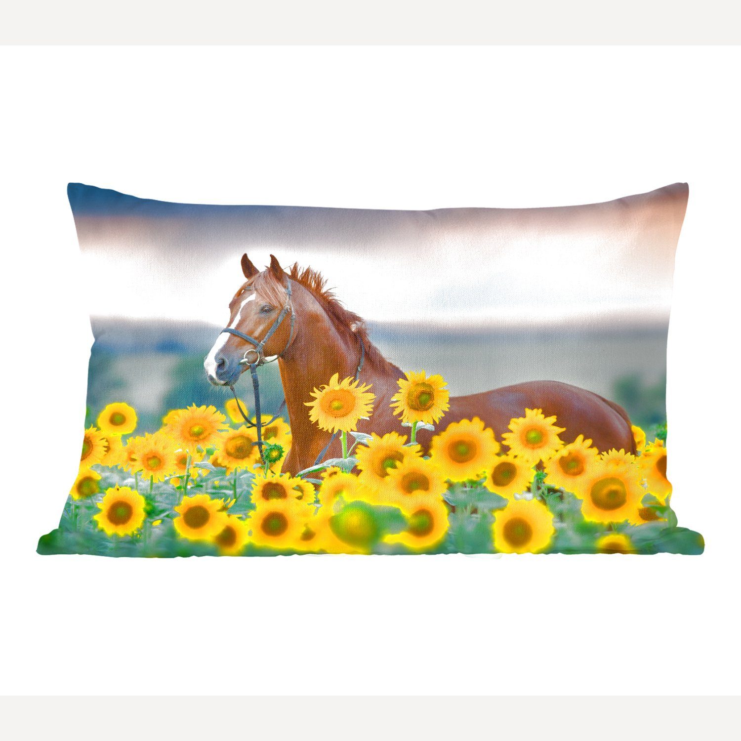 MuchoWow Dekokissen Pferd - Sonnenblume - Himmel - Pastell, Wohzimmer Dekoration, Zierkissen, Dekokissen mit Füllung, Schlafzimmer