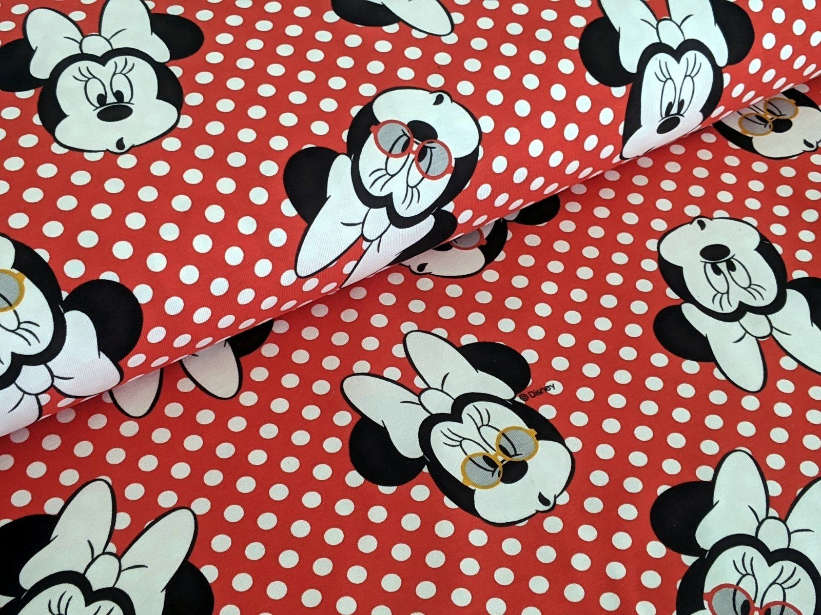 Corileo Stoff »Baumwolljersey Disney Minnie Maus Köpfe auf Dots Rot Stoff  Meterware«