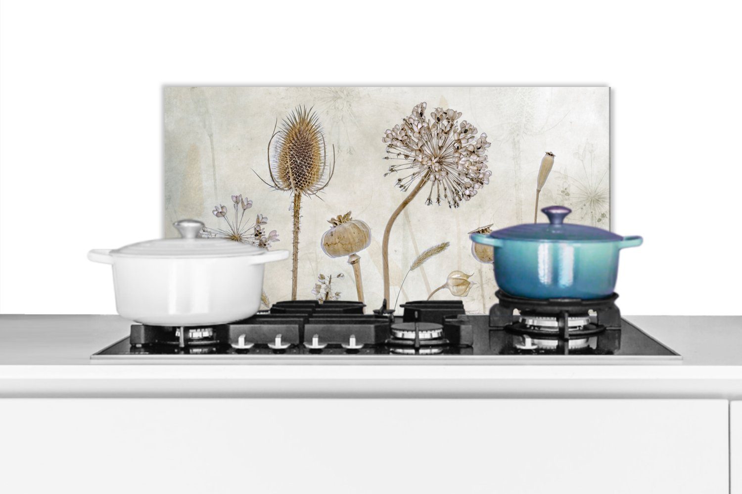 MuchoWow Küchenrückwand Blumen - Aquarell - Stilleben - Braun - Vintage, (1-tlg), 60x30 cm, Wandschutz, gegen Fett und Schmutzflecken für Küchen