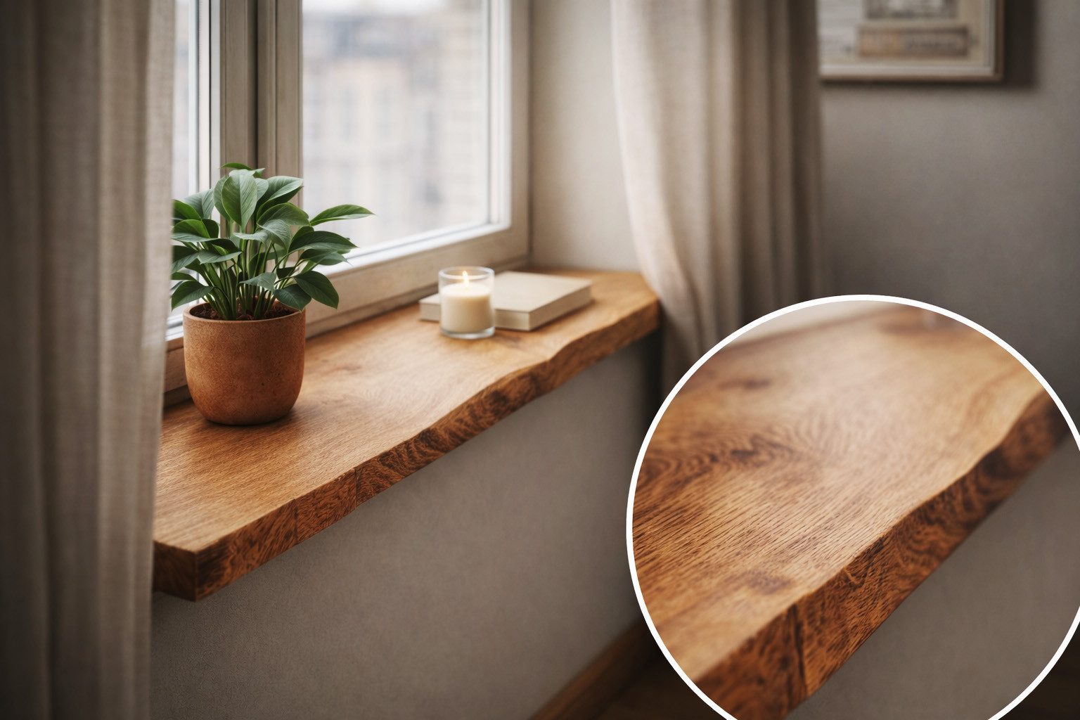 Living Oak Fensterbank Eiche mit Baumkante, Massivholz Eiche mit Baumkante, in Deutschland gefertigt