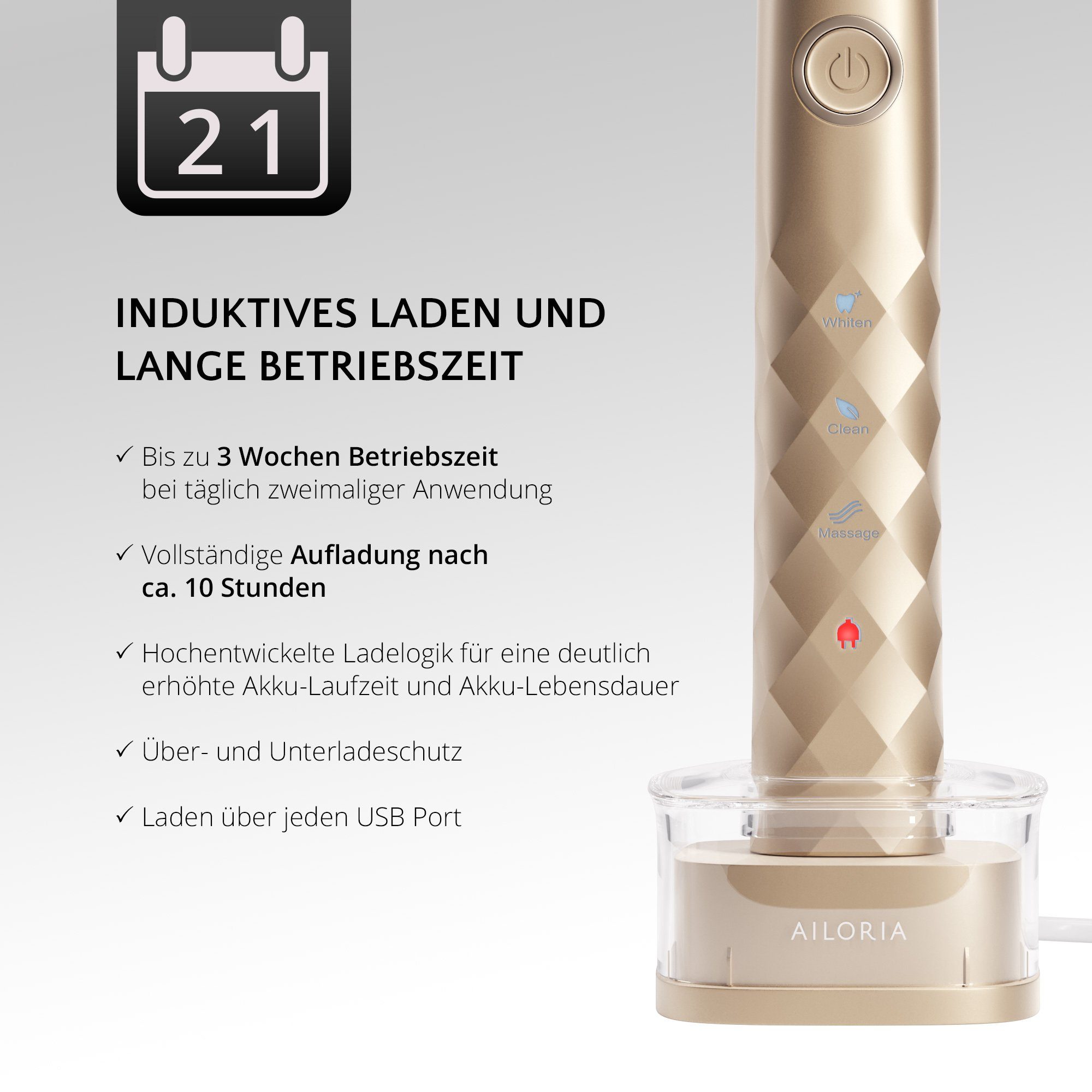 AILORIA Schallzahnbürste SHINE BRIGHT USB-Schallzahnbürste, Aufsteckbürsten: 2 St., Dynamische Reinigungswirkung
