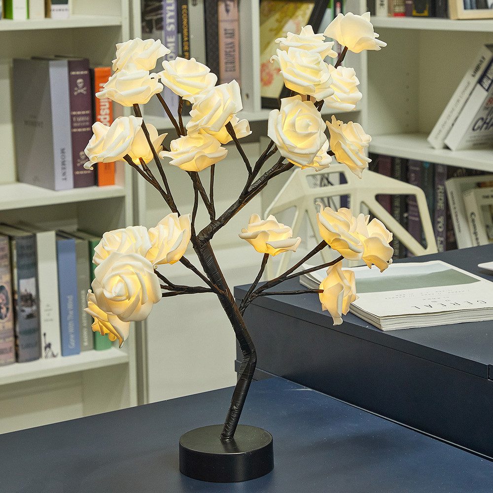 MUPOO LED Baum Rosenblütenbaum Licht für Tischplatte, LED-Tisch-Bonsai-Baum Lichtdekor, Weiße Rose, schwarze Basis, LED fest integriert, für Valentinstag,Zuhaus – Bild 5 von 5