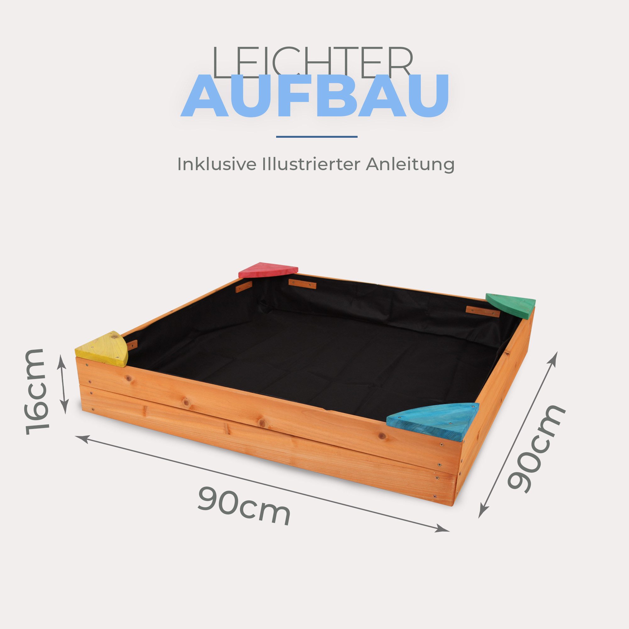 Bestlivings Sandkasten aus Tannenholz, (90x90x16 cm), 4 farbige Sitzecken, inkl. Abdeckung & Bodenplane