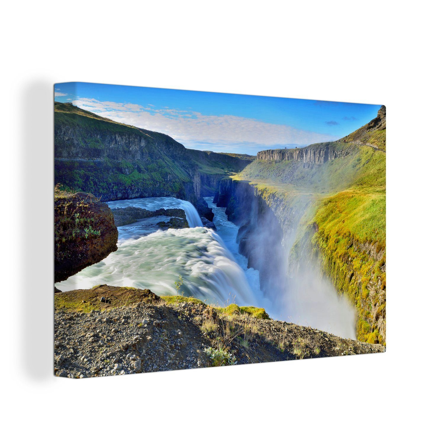 OneMillionCanvasses® Leinwandbild Farbenfrohe Umgebung am Gullfoss-Wasserfall in Island, (1 St), Wandbild Leinwandbilder, Aufhängefertig, Wanddeko, 30x20 cm