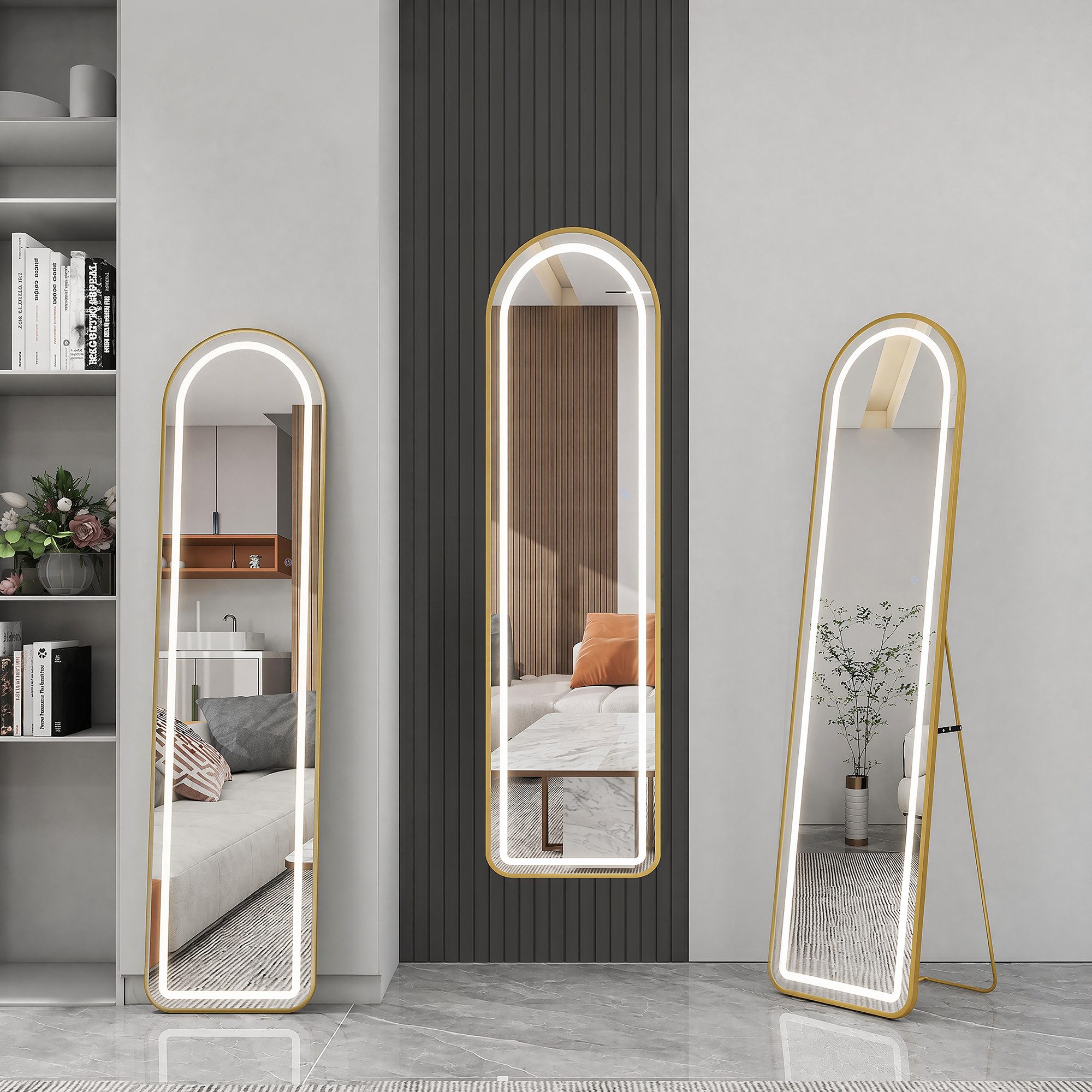 BELUPAI Ganzkörperspiegel LED Standspiegel, Moderne Wandspiegel (Set, 1-St., Großer Spiegel Bogen Bodenspiegel mit Touch-Schalter), für Schlafzimmer, Wohnzimmer, Badezimmer, Gold, 150x40cm