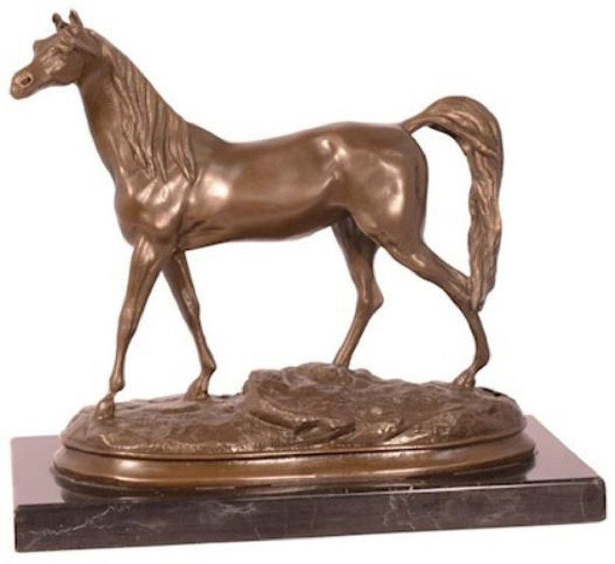 Casa Padrino Dekofigur Luxus Bronze Skulptur Pferd auf Marmorsockel Bronze / Schwarz 24,5 x H. 21 cm - Bronzefigur - Dekofigur - Deko Accessoires