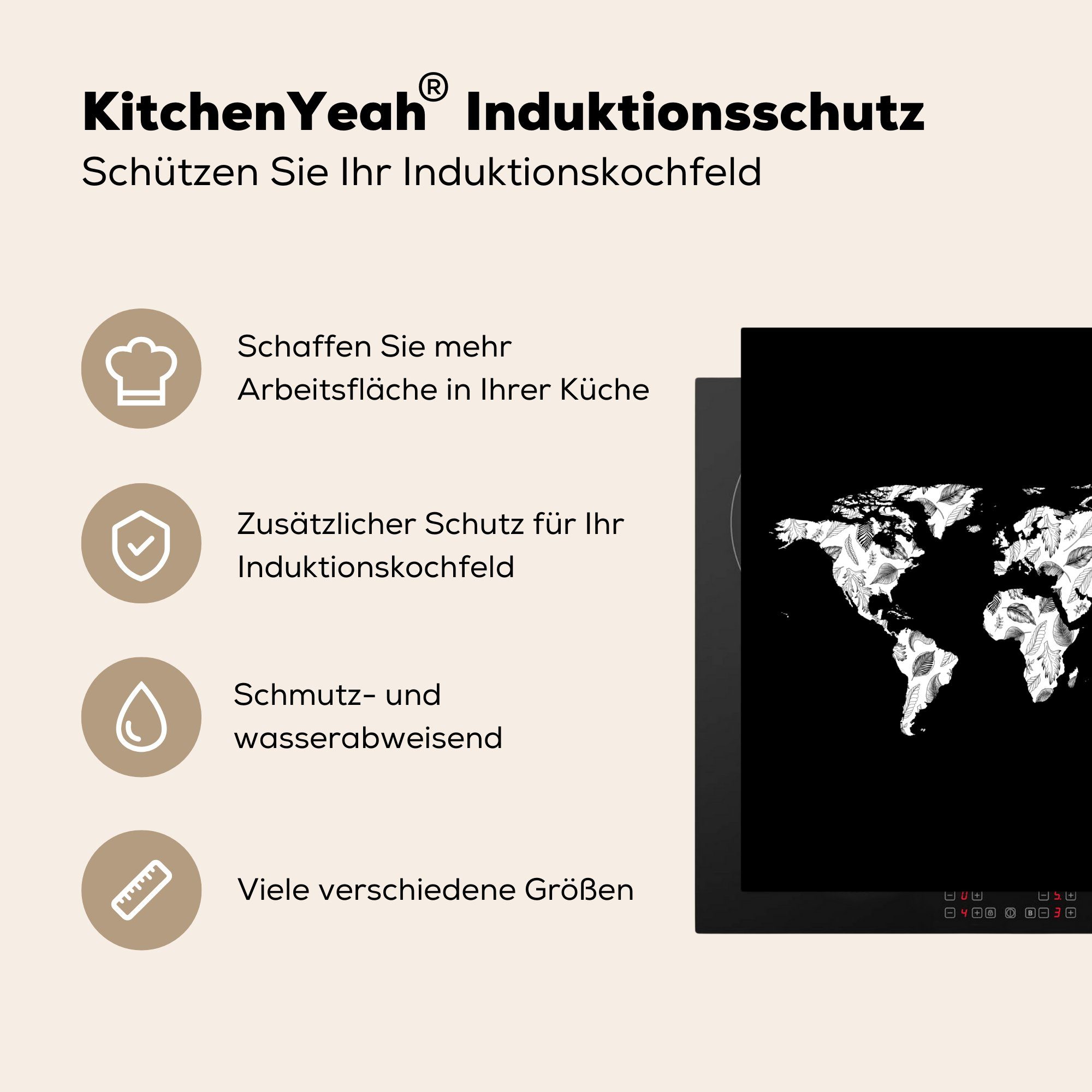 MuchoWow für Weltkarte küche Schwarz, Herdblende-/Abdeckplatte - tlg), cm, - Arbeitsplatte Blätter Ceranfeldabdeckung, 78x78 (1 Vinyl,