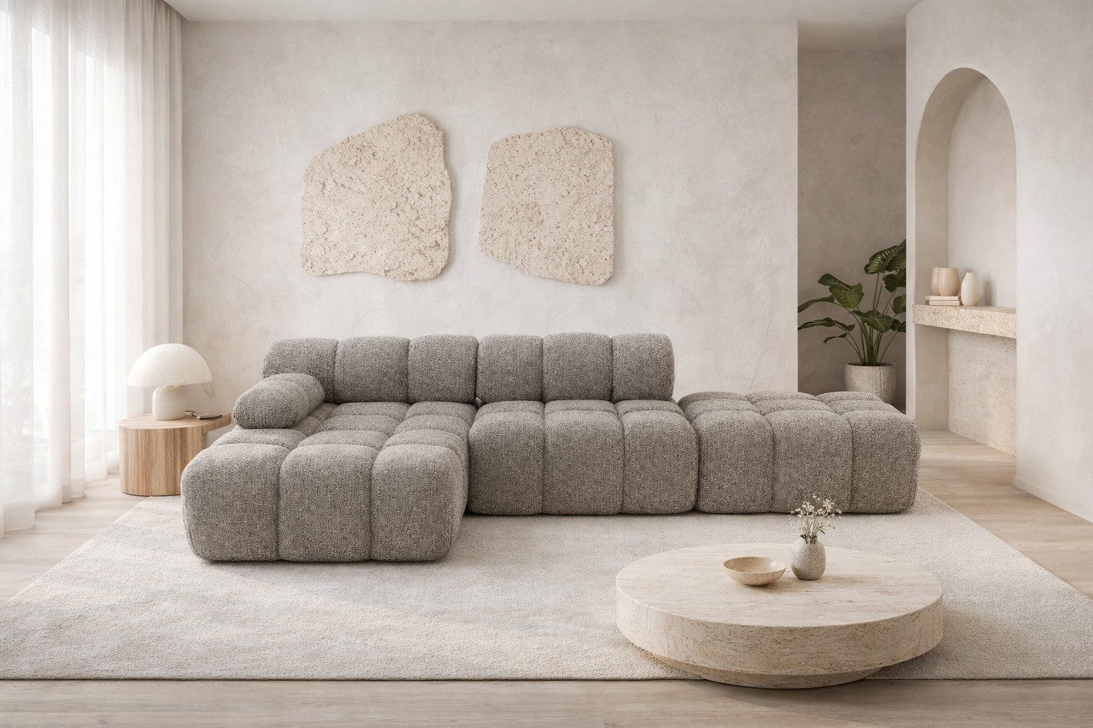 Kaiser Möbel Ecksofa modular mit Hocker, Sofa L-Form, Bouclé-Stoff Abriamo, Selia, Ecksofa mit Hocker, Modernes Design,Weiche, abgerundete Form,Hoher Sitzkomfort