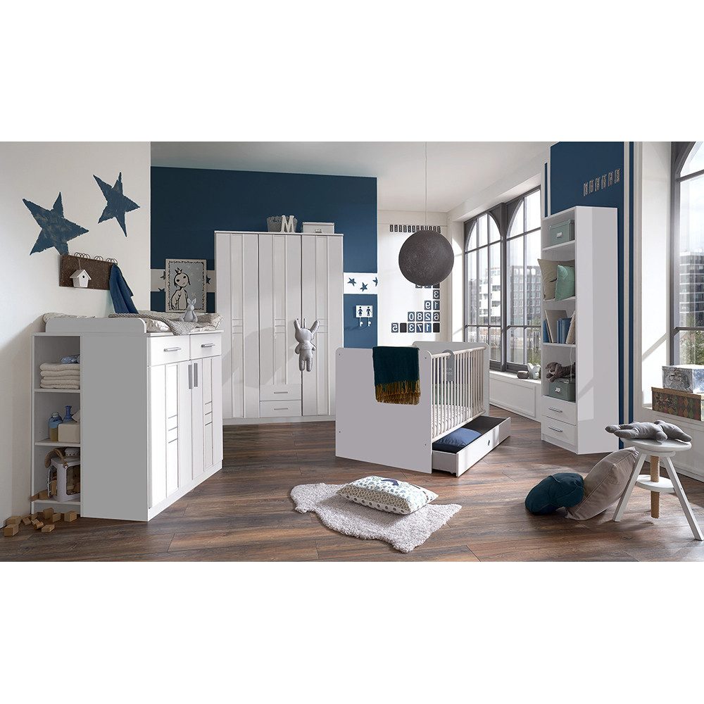 Lomadox Babyzimmer-Komplettset BEELEN-43, (4-tlg., 1 Schrank, 1 Kommode, 1 Unterbauregal, 1 Bett, 1 Schubkasten, 1 Regal), weiß, Schrank, Gitterbett, Wickeltisch mit Regal, Dekoregal