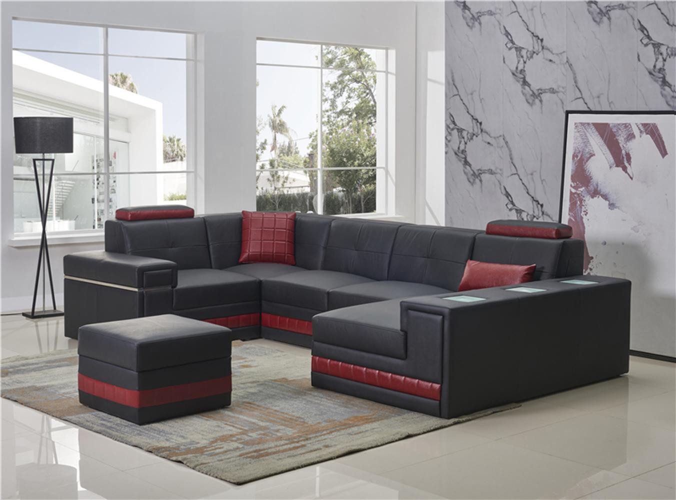 Xlmoebel Wohnlandschaft U-förmiges Ledersofa mit Hocker in elegantem Design, Hergestellt in Europa