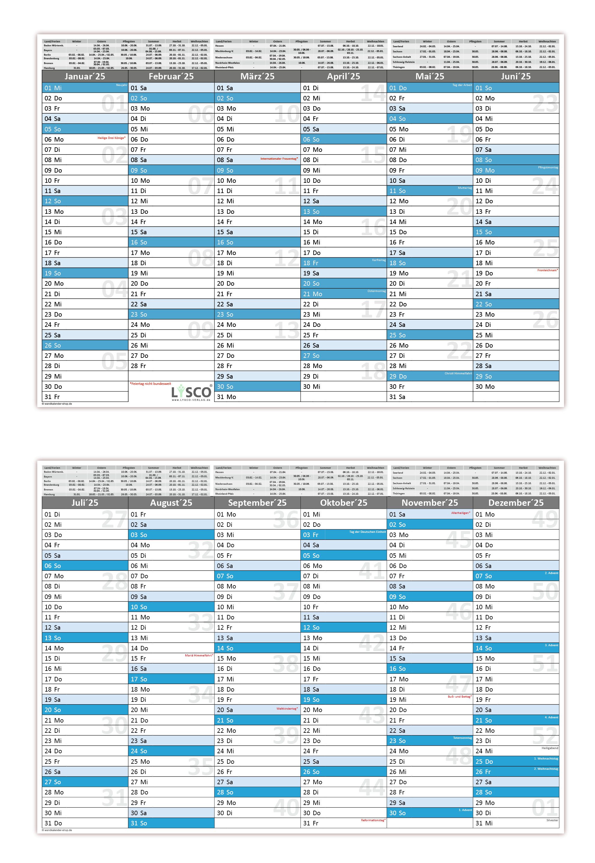 LYSCO Tischkalender Tafelkalender DIN A3 / A4 / A5 300g Papier, Tafelkalender für das Jahr 2025 in verschiedenen Stückzahlen und Formaten, sehr gut beschreibbar