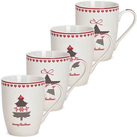 matches21 HOME & HOBBY Tasse Weihnachtstassen 4er Set Weihnachtsbaum mit Spruch Merry Christmas, Porzellan, Tee Kaffeebecher, Weihnachten, modern, rot braun weiss, ca. 300 ml